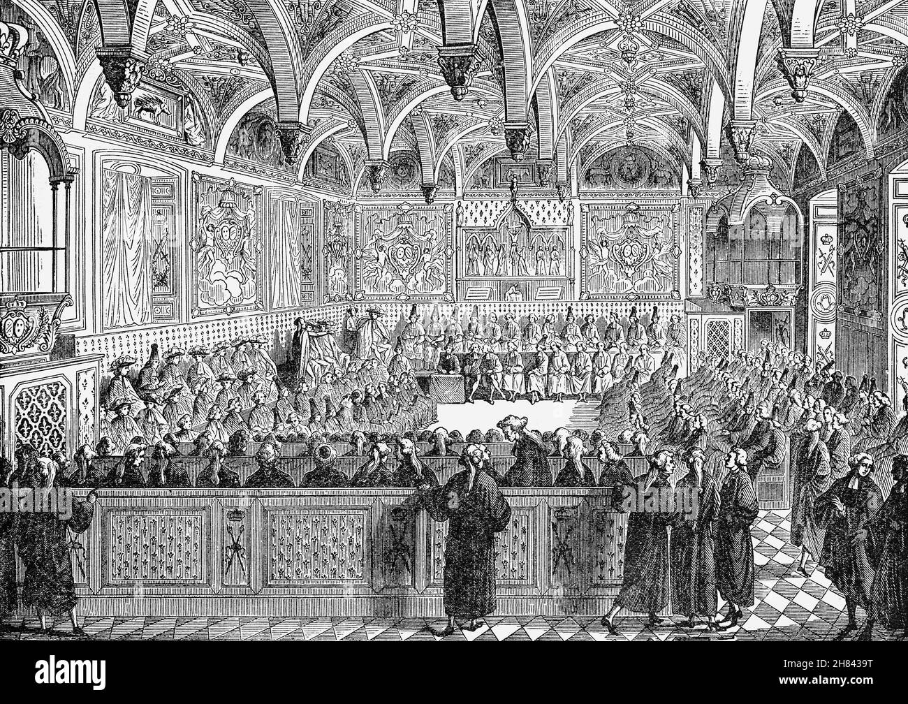 Illustration de la fin du XIXe siècle d'une réunion des États généraux (États généraux), une assemblée représentative de l'ancien régime, la plus proche d'un congrès ou d'un Parlement.Les derniers États-généraux avant la Révolution française ont eu lieu en 1614 comme Louis XIV l'a jugé inutile à une époque de pouvoir monarchique absolu.Les États-généraux joueraient un rôle central dans les événements révolutionnaires de 1789. Banque D'Images Illustration de la fin du XIXe siècle d'une réunion des États généraux (États généraux), une assemblée représentative de l'ancien régime, la plus proche d'un congrès ou d'un Parlement.Les derniers États-généraux avant la Révolution française ont eu lieu en 1614 comme Louis XIV l'a jugé inutile à une époque de pouvoir monarchique absolu.Les États-généraux joueraient un rôle central dans les événements révolutionnaires de 1789. Banque D'Images