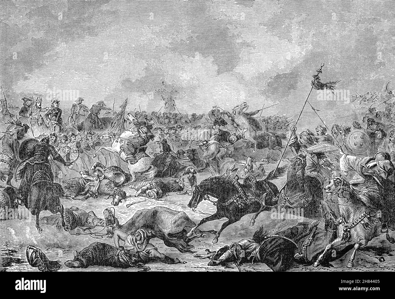 Une illustration de la bataille du Mont Tabor à la fin du XIXe siècle a combattu le 16 avril 1799, entre les forces françaises commandées par Napoléon Bonaparte et le général Jean-Baptiste Kléber, contre une armée ottomane dirigée par Abdullah Pasha al-Azm, dirigeant de Damas.La bataille, conséquence du siège d'Acre pendant la campagne française en Egypte et en Syrie, a vu la force française surnumérotée infliger des milliers de victimes.Ils ont dispersé les forces restantes du pasha de Damas, les obligeant à abandonner leurs espoirs de reconquérir l'Égypte et laissant Napoléon libre de poursuivre le siège d'Acre. Banque D'Images