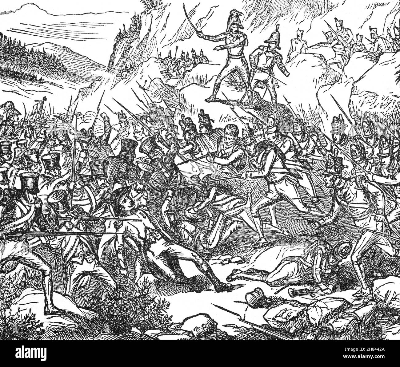 Une illustration de la bataille de Buçaco, ou Bussaco, à la fin du XIXe siècle, a combattu le 27 septembre 1810 pendant la guerre péninsulaire dans la chaîne de montagnes portugaise de Serra do Buçaco, entraînant la défaite des forces françaises par l'armée anglo-portugaise de Lord Wellington Banque D'Images