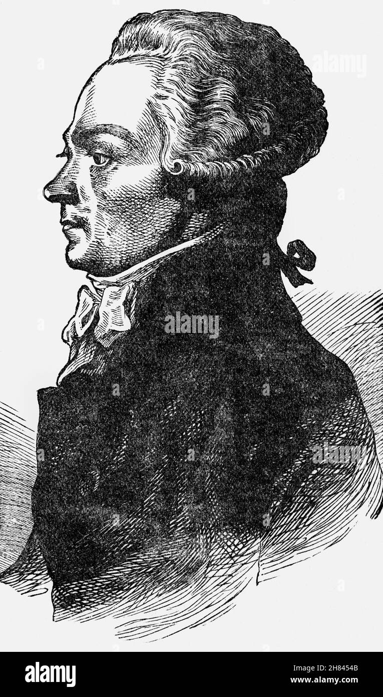 Portrait de Maximilien Robespierre (1758-1794), avocat et homme d'État français, qui était l'une des figures les plus connues et les plus influentes de la Révolution française.En 1791, Robespierre est devenu un défenseur franc des citoyens masculins sans voix politique, pour leur admission sans restriction à la Garde nationale et aux bureaux publics.Il a joué un rôle important dans l'agitation qui a provoqué la chute de la monarchie française le 10 août 1792 et la convocation d'une convention nationale.Son objectif était de créer une France unique et indivisible, l'égalité devant la loi, l'abolition Banque D'Images