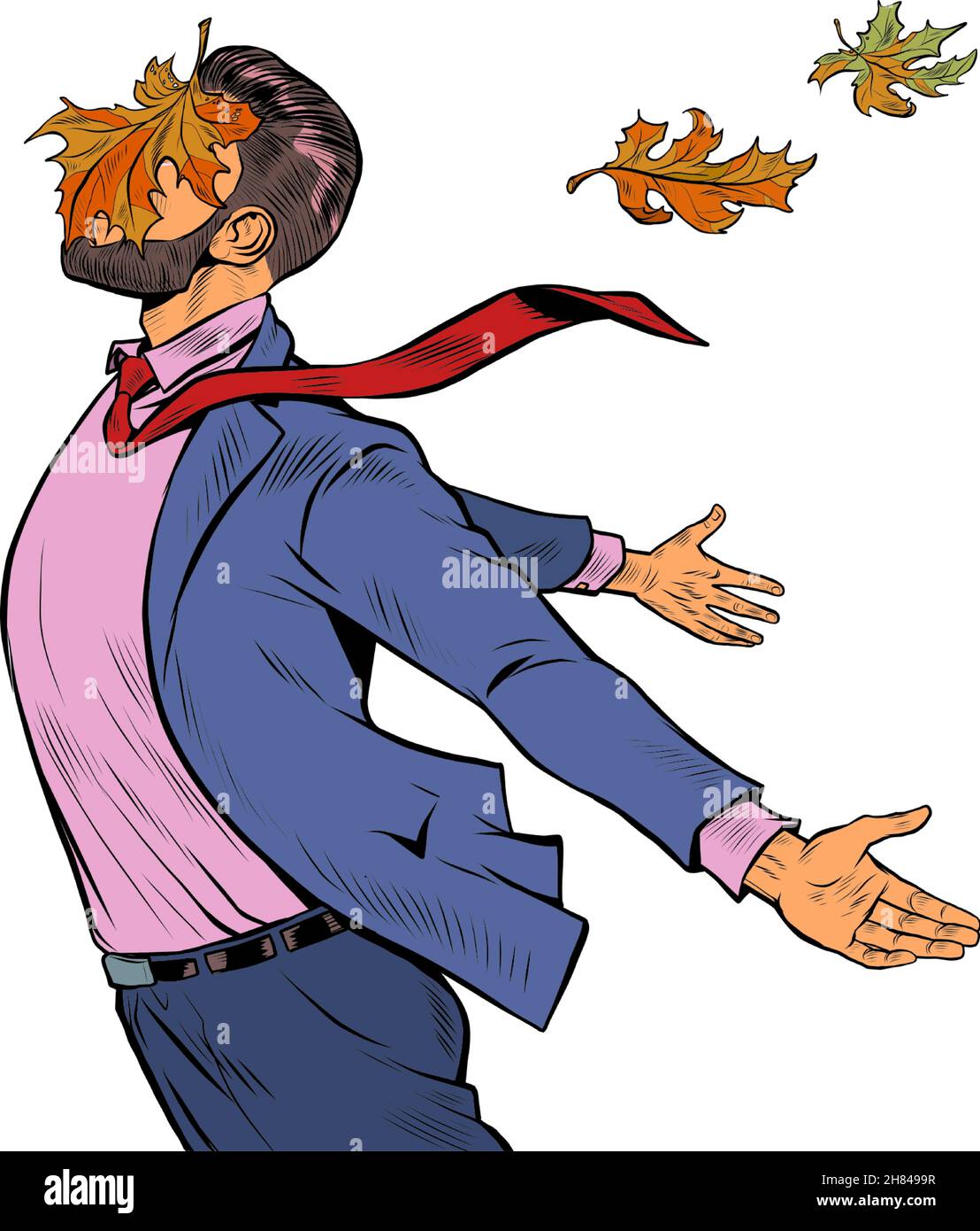 un homme joyeux en automne feuilles d'érable se tient dans le vent, a ouvert ses mains aux éléments Illustration de Vecteur