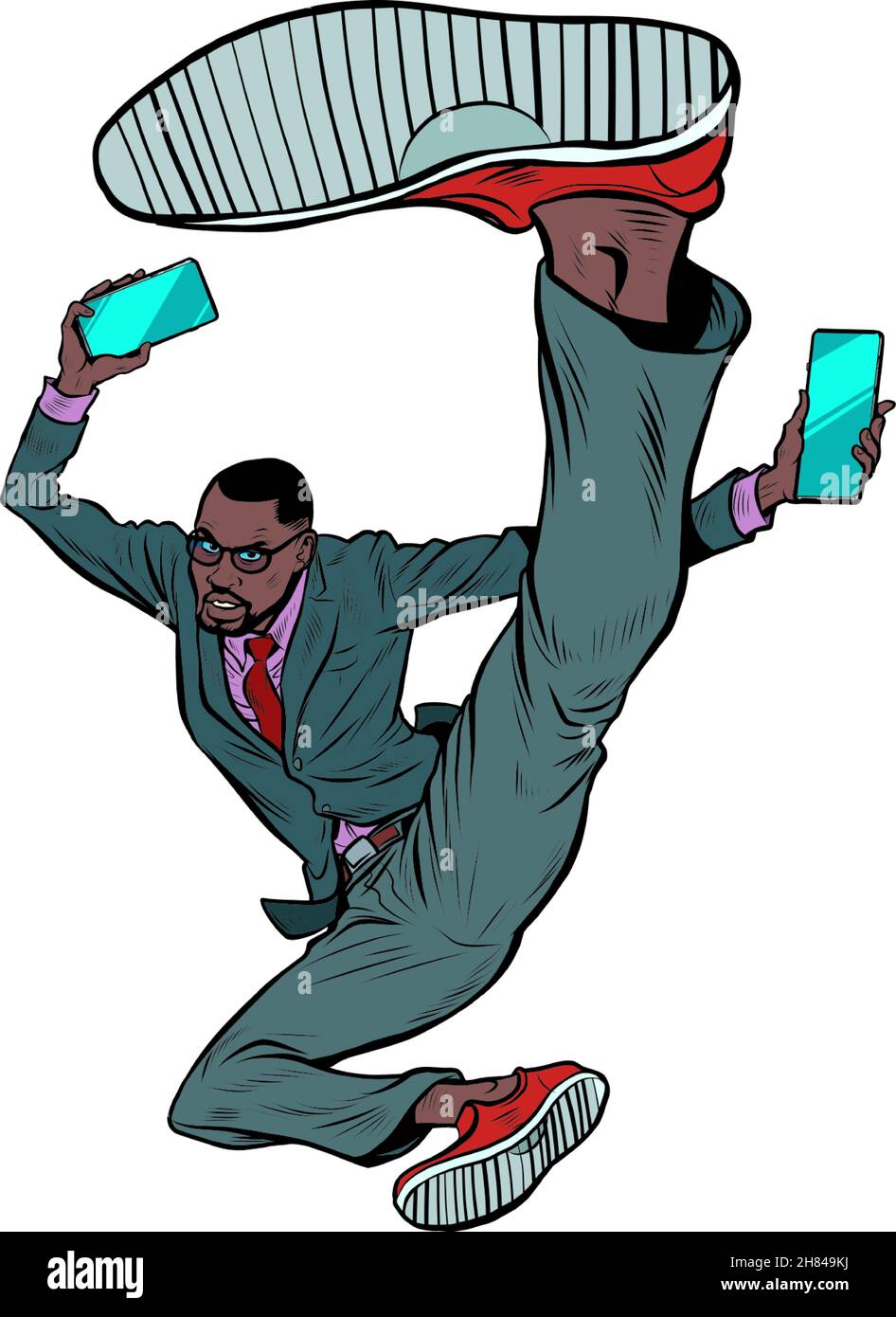 donnez un coup de pied à l'homme d'affaires noir avec un smartphone, le leader énergétique du succès.Arts martiaux, karaté et Wushu Illustration de Vecteur