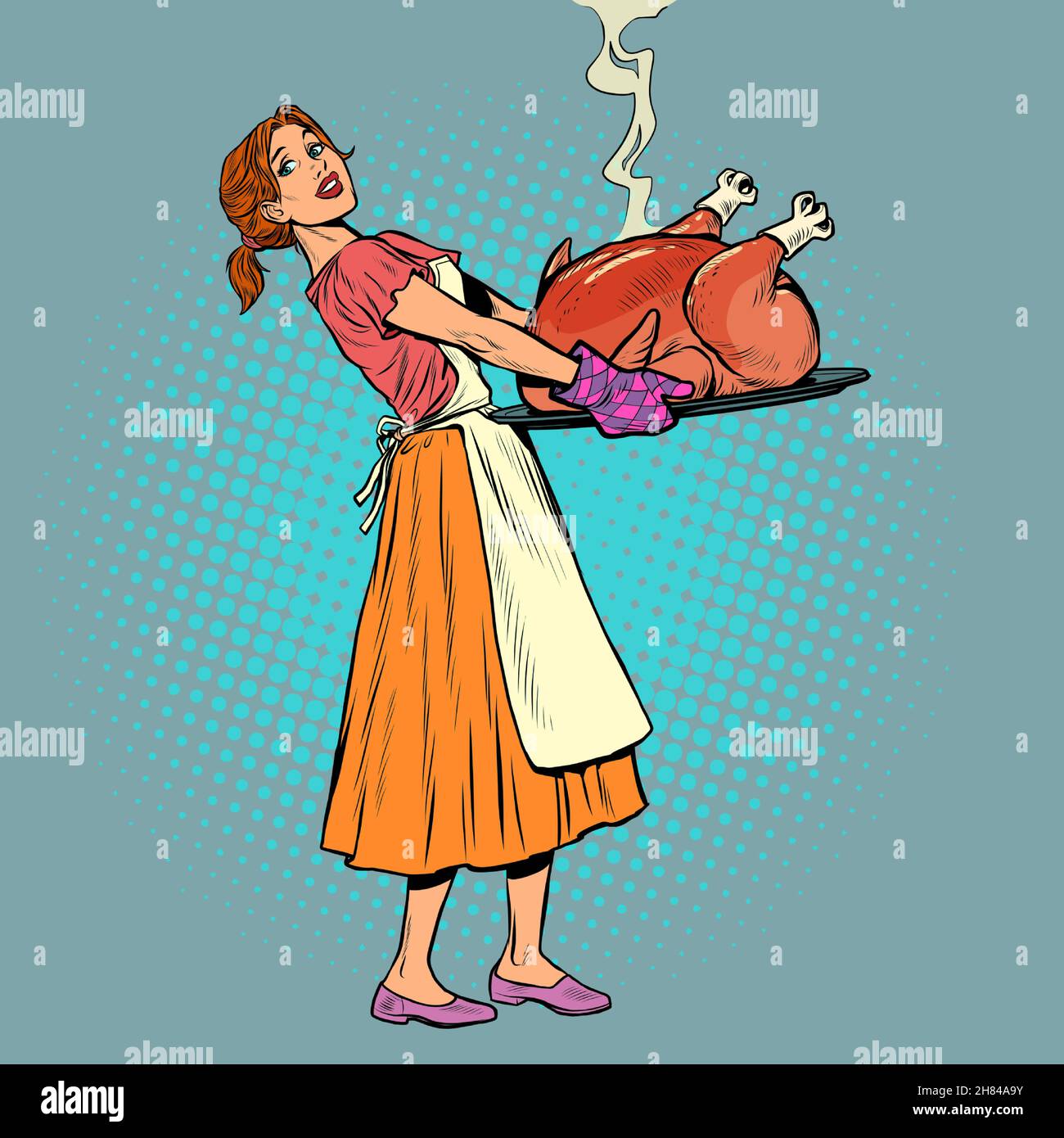 Une femme avec une grande dinde rôtie.Noël ou Thanksgiving, un séjour en famille.Cuisson de la volaille Illustration de Vecteur