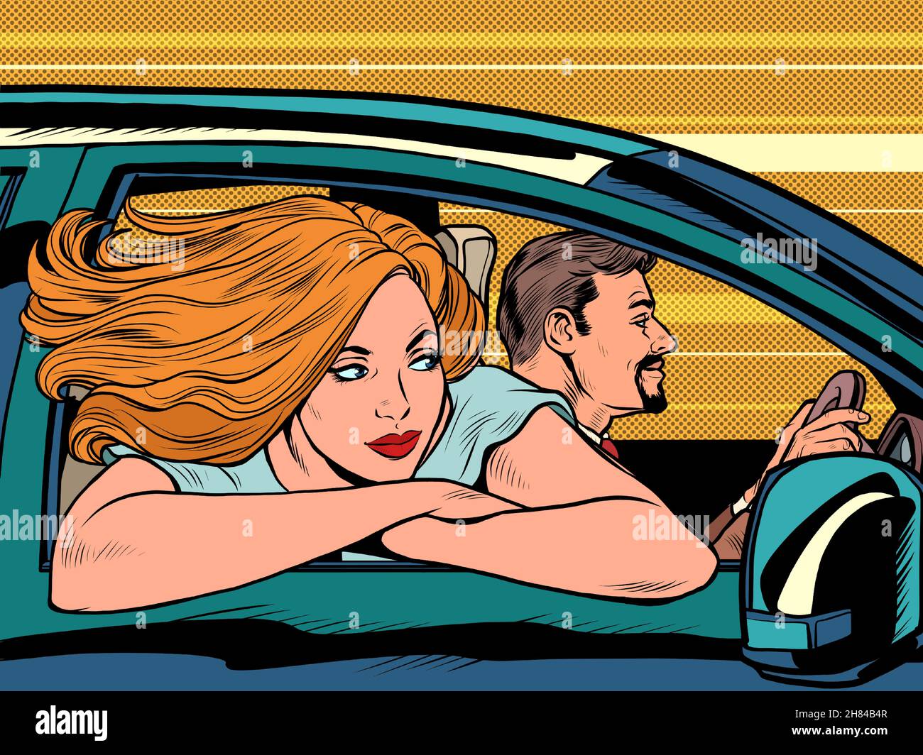 une femme regarde par une fenêtre de voiture, ses cheveux chancelant dans le vent. mari conduisant Illustration de Vecteur