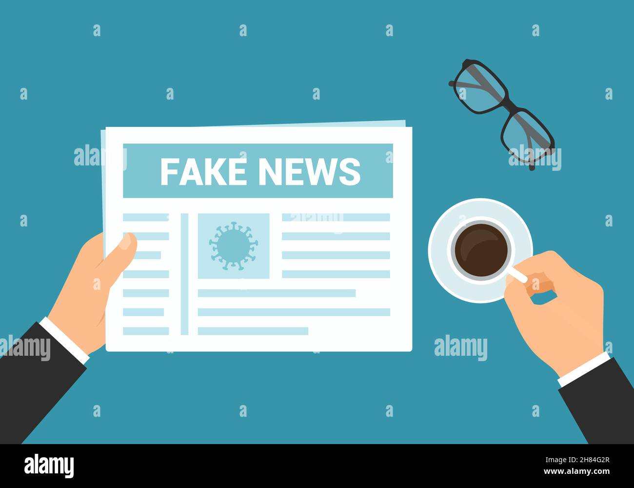 Illustration à plat d'une main de Manager tenant un journal et lisant de fausses nouvelles sur Covid.Tasse de café et verres sur fond vert - Illustration de Vecteur