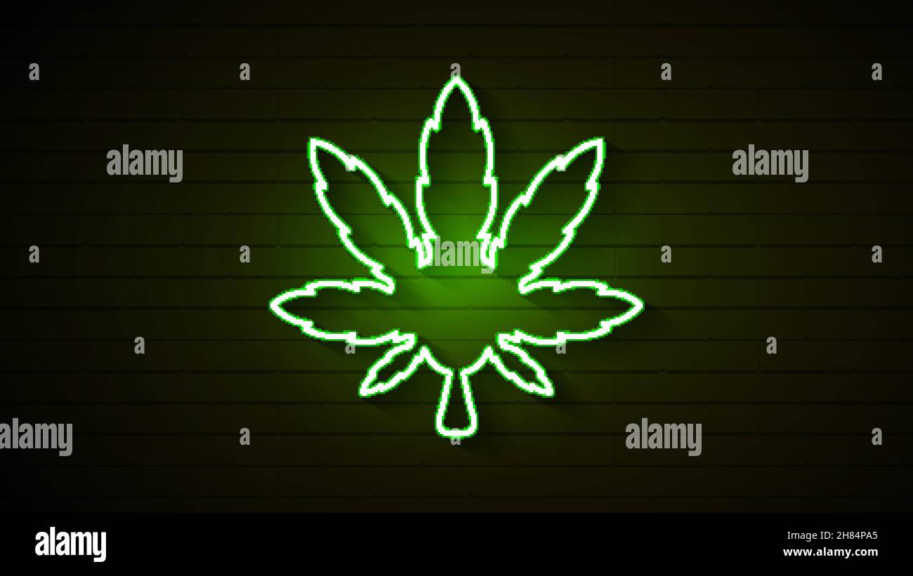 Logo de cannabis médical avec fond de mur de brique sombre et néon brillant à la feuille de marijuana vert clair - Illustration de Vecteur