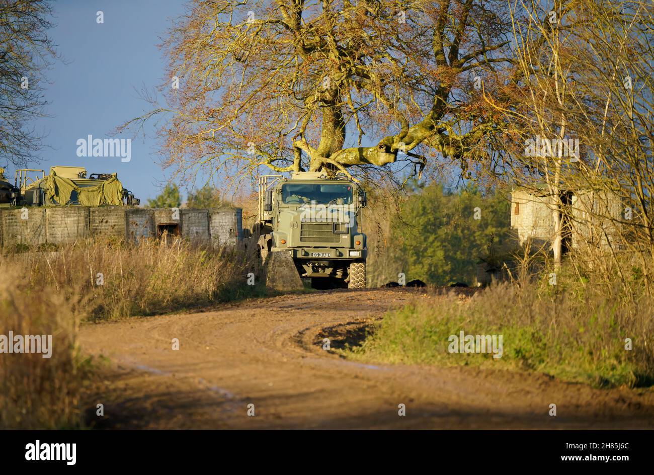 Armée britannique Oshkosh 1070F (8×8) transporteur d'équipement lourd (HET) stationné dans un camp boisé, Salisbury Plain Wiltshire UK Banque D'Images