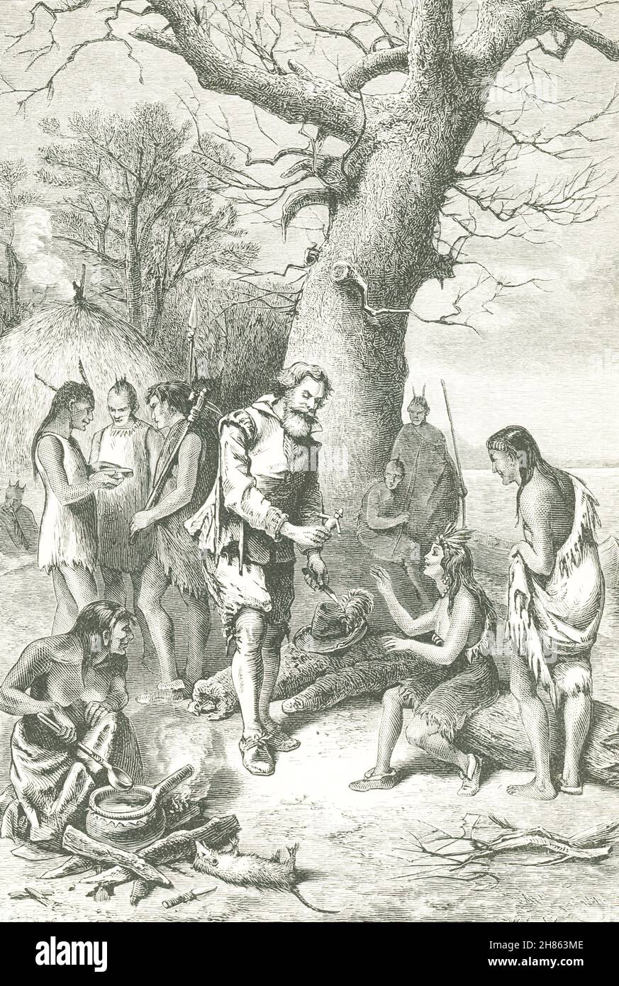 La légende de cette illustration de 1890 se lit comme suit : le capitaine Smith amuses Pocahontas avec des jouets.Le capitaine anglais John Smith a guidé les colons à travers les temps difficiles dans la colonie de Jamestown en 1607.La tradition (non authentifiée) dit que Pocahontas le sauve de la mort aux mains des Amérindiens.Pocahontas, c.De 1595 à 1617, était la fille du chef indien américain Powhatan. Banque D'Images