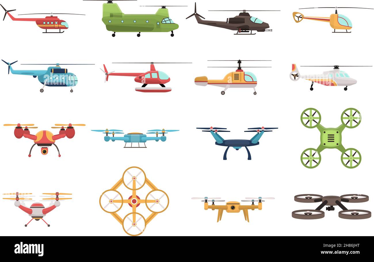Ensemble d'icônes colorées d'hélicoptères militaires et civils et divers modifications de drone sur fond blanc illustration de vecteur isolé Illustration de Vecteur