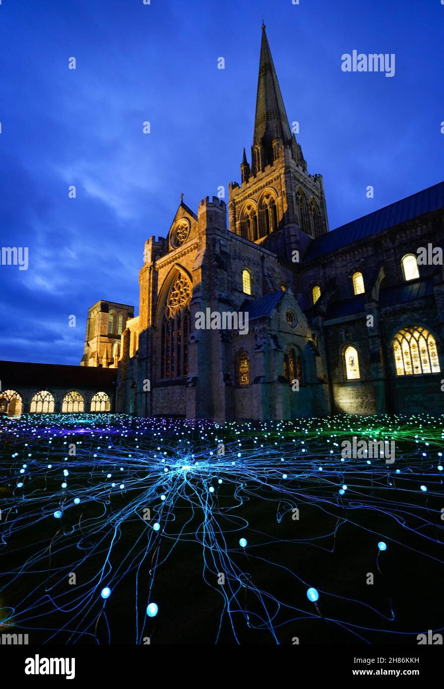 1,000 tiges de lumières à couleur changeante exposées dans les cloîtres de la cathédrale de Chichester dans le cadre d'une installation d'art immersive par l'artiste britannique Bruce Munro intitulé « Field of Blooms ».Date de la photo: Samedi 27 novembre 2021. Banque D'Images