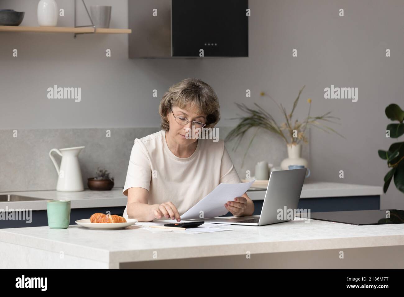 Femme sérieuse moyenne d'âge, femme propriétaire de la maison calculant le revenu Banque D'Images