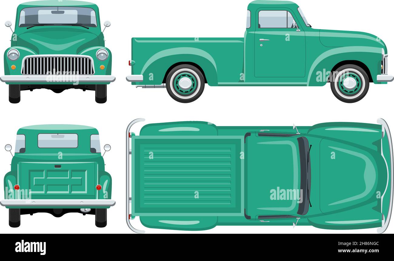 Modèle vectoriel de pick-up vintage avec couleurs simples sans dégradés ni effets.Vue latérale, avant, arrière et supérieure Illustration de Vecteur