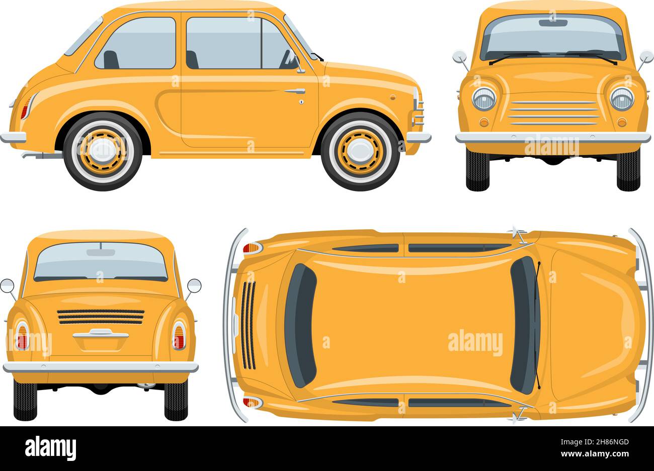 Modèle vectoriel de voiture vintage avec des couleurs simples sans dégradés ni effets.Vue latérale, avant, arrière et supérieure Illustration de Vecteur