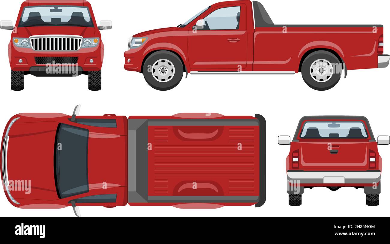 Modèle vectoriel de pick-up rouge avec couleurs simples sans dégradés ni effets.Vue latérale, avant, arrière et supérieure Illustration de Vecteur