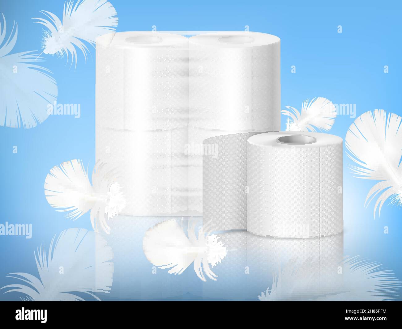 Papier toilette texturé blanc, rouleau unique et emballage en polyéthylène,  composition réaliste, fond bleu avec illustration vectorielle en plumes  Image Vectorielle Stock - Alamy
