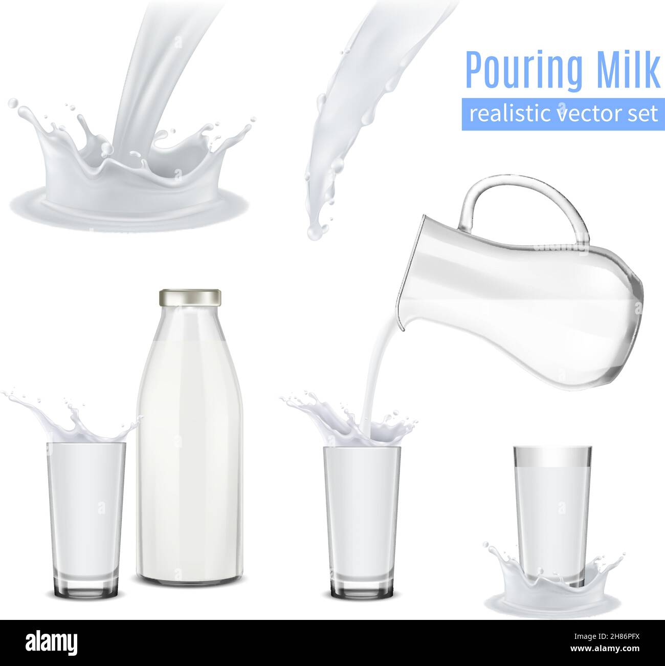 Verser du lait avec des éclaboussures icônes réalistes ensemble avec pichet en verre illustration vectorielle isolée pour bouteille et béchers Illustration de Vecteur