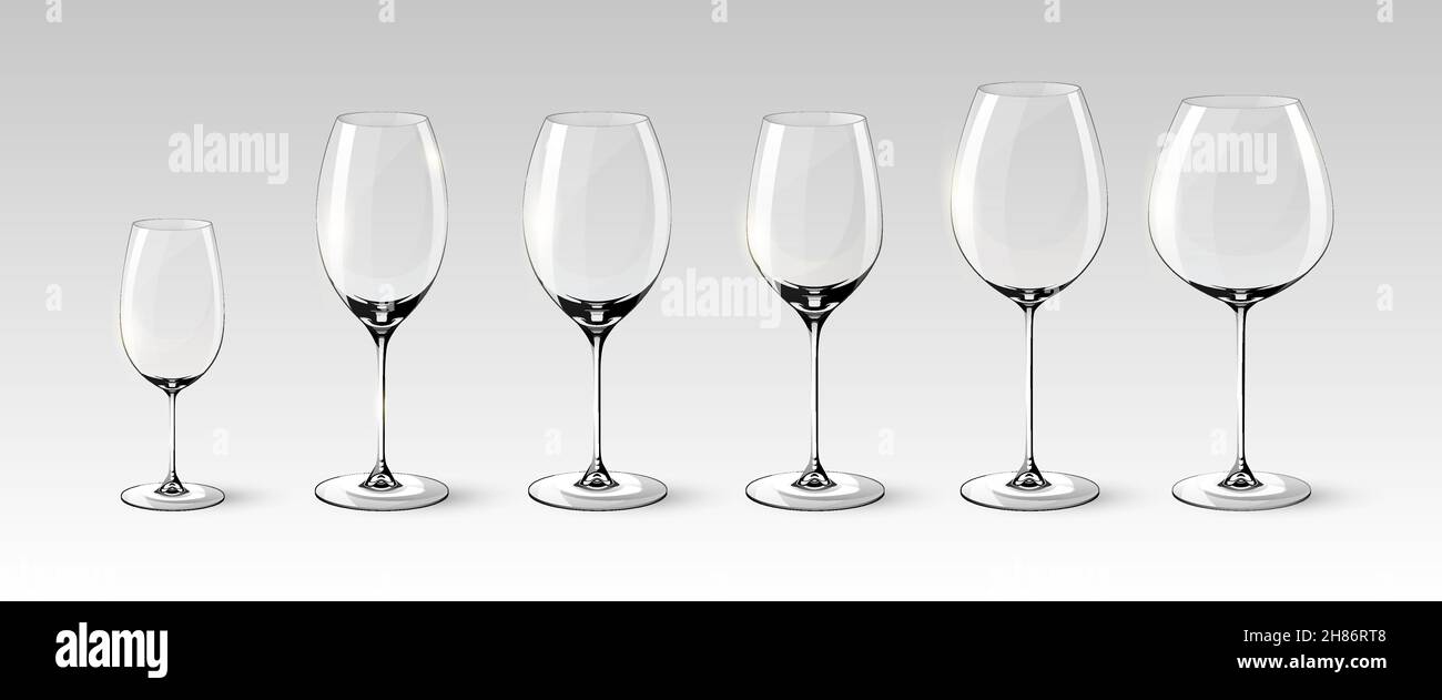 Collection de verres à vin vides de différentes tailles dans un style réaliste illustration vectorielle isolée sur fond gris Illustration de Vecteur