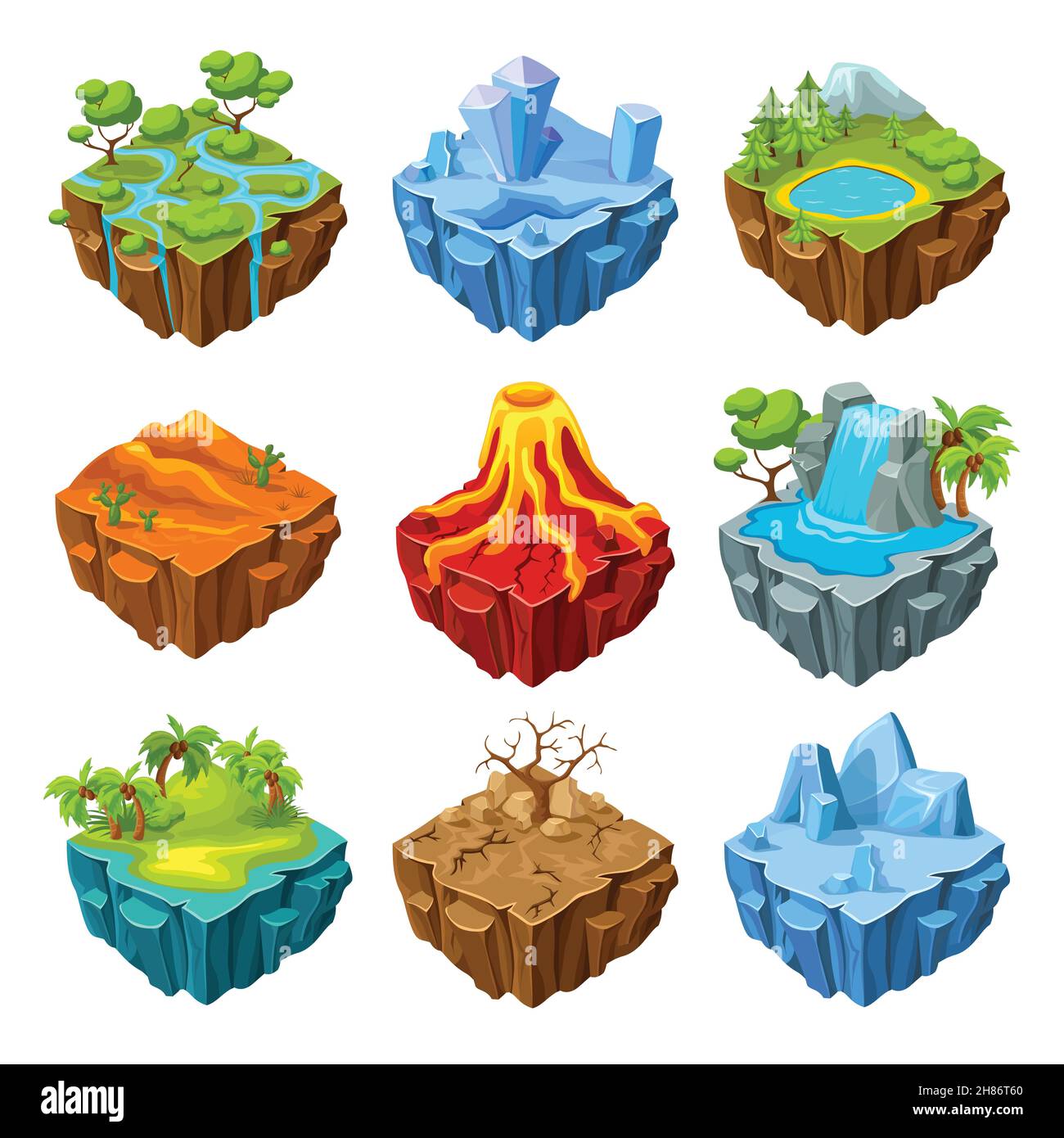 Îles de jeu d'ordinateur isométrique ensemble avec arbres de sécheresse et illustration vectorielle isolée de montagnes et de chutes d'eau Illustration de Vecteur