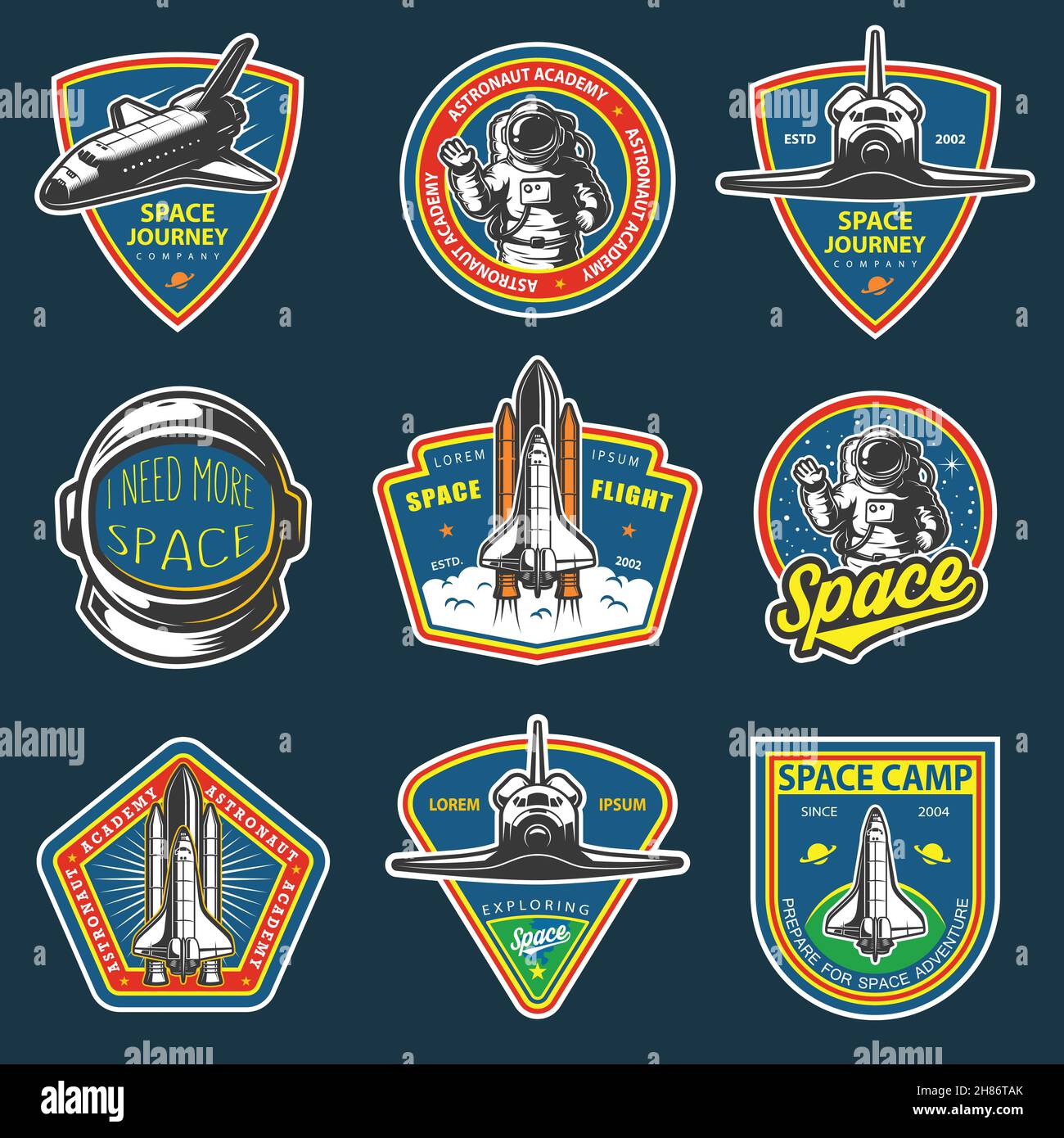 Ensemble de badges, emblèmes, logos et étiquettes d'espace vintage et d'astronautes. Couleur sur fond sombre. Illustration de Vecteur