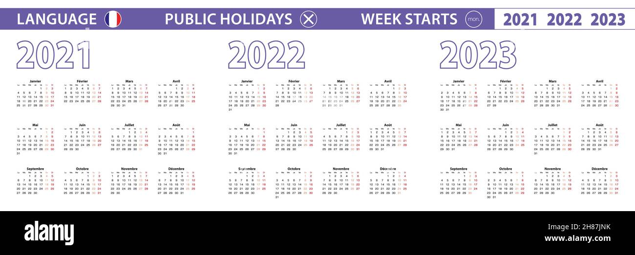 Modèle de calendrier simple en français pour 2021, 2022, 2023 ans.La semaine commence le lundi.Illustration vectorielle. Illustration de Vecteur