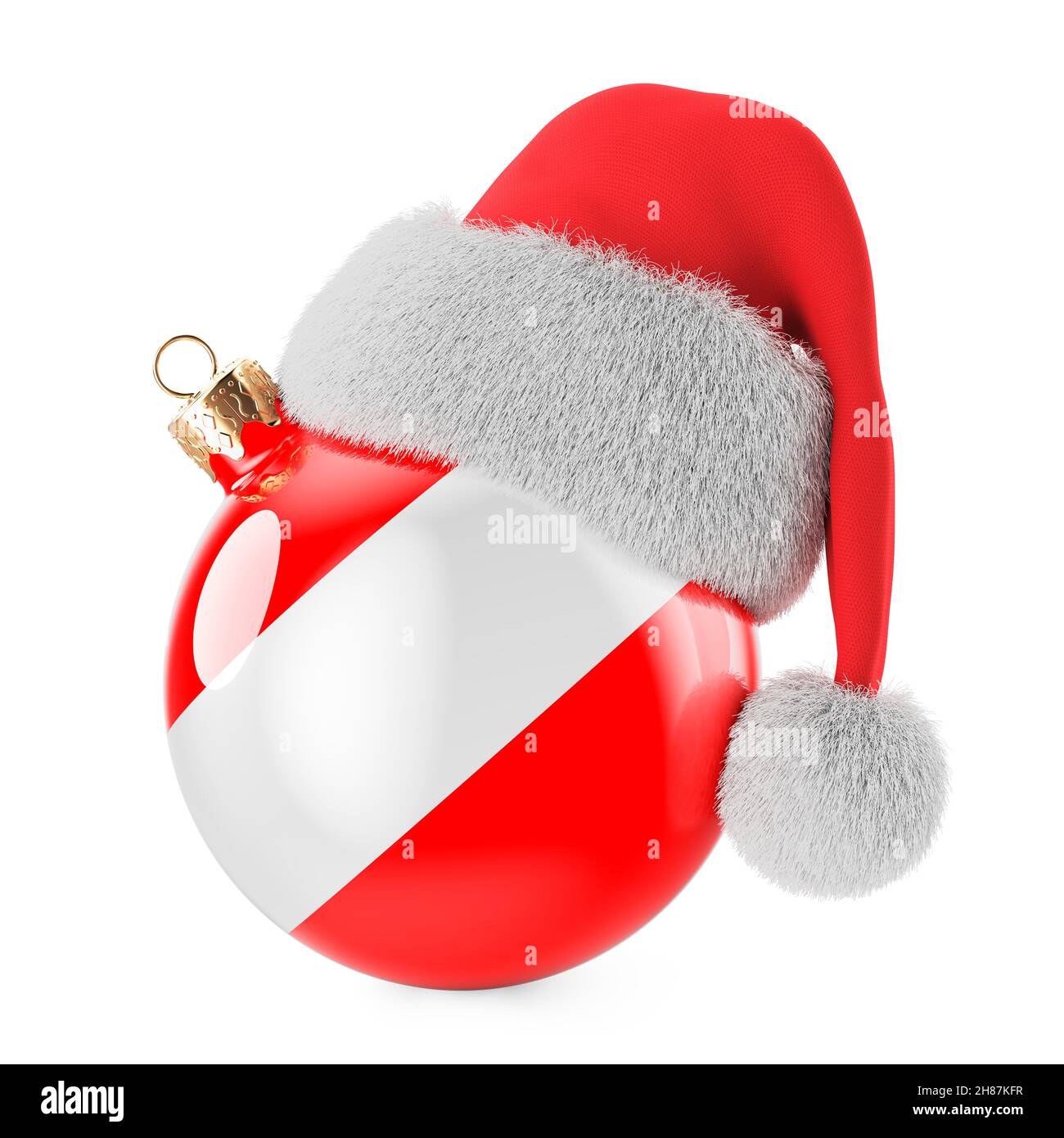 Boule de Noël avec drapeau autrichien et chapeau du Père Noël.Noël et nouvel an en Autriche, concept.Rendu 3D isolé sur fond blanc Banque D'Images