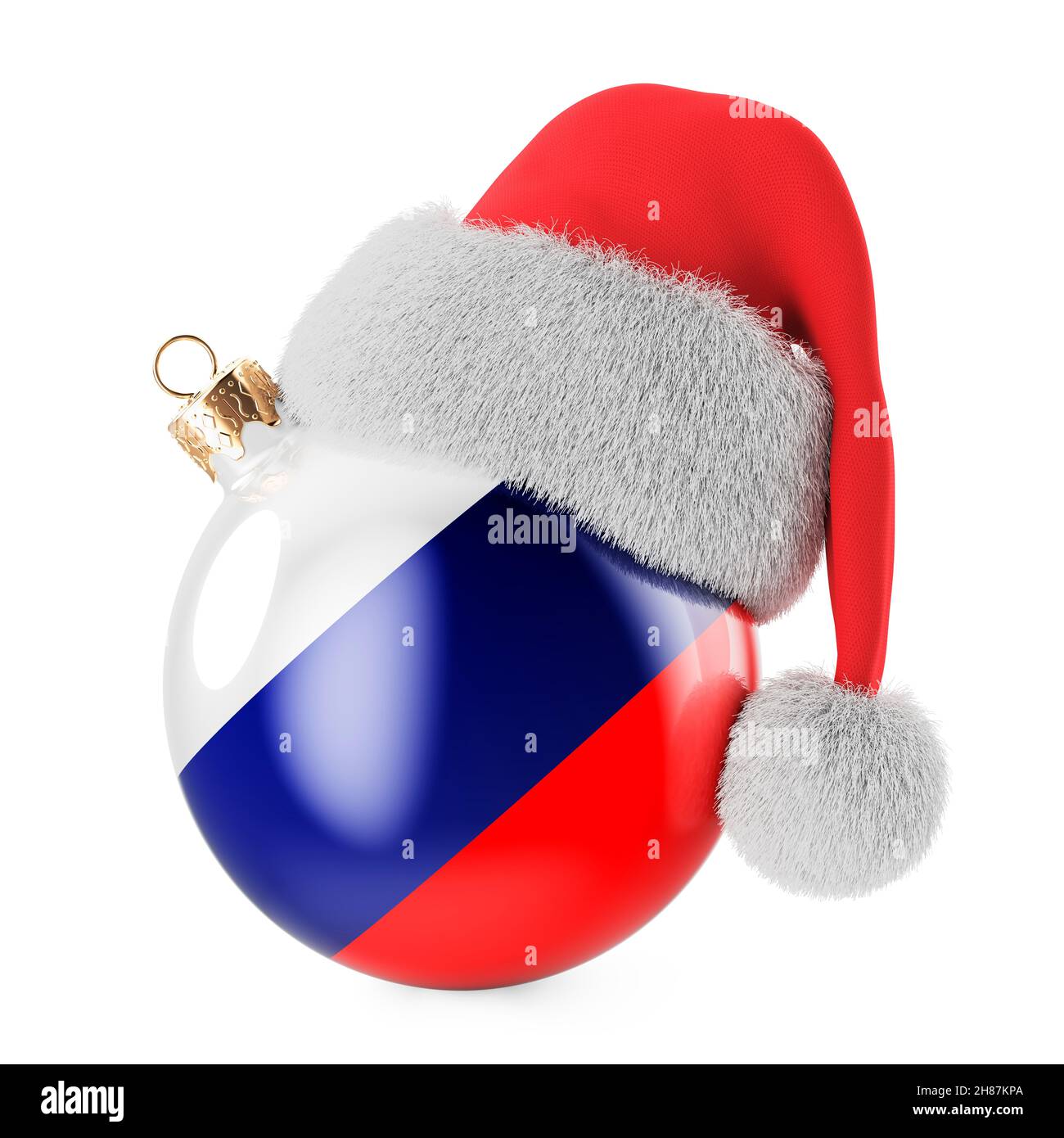 Boule de Noël avec drapeau russe et chapeau du Père Noël.Noël et nouvel an  en Russie, concept.Rendu 3D isolé sur fond blanc Photo Stock - Alamy