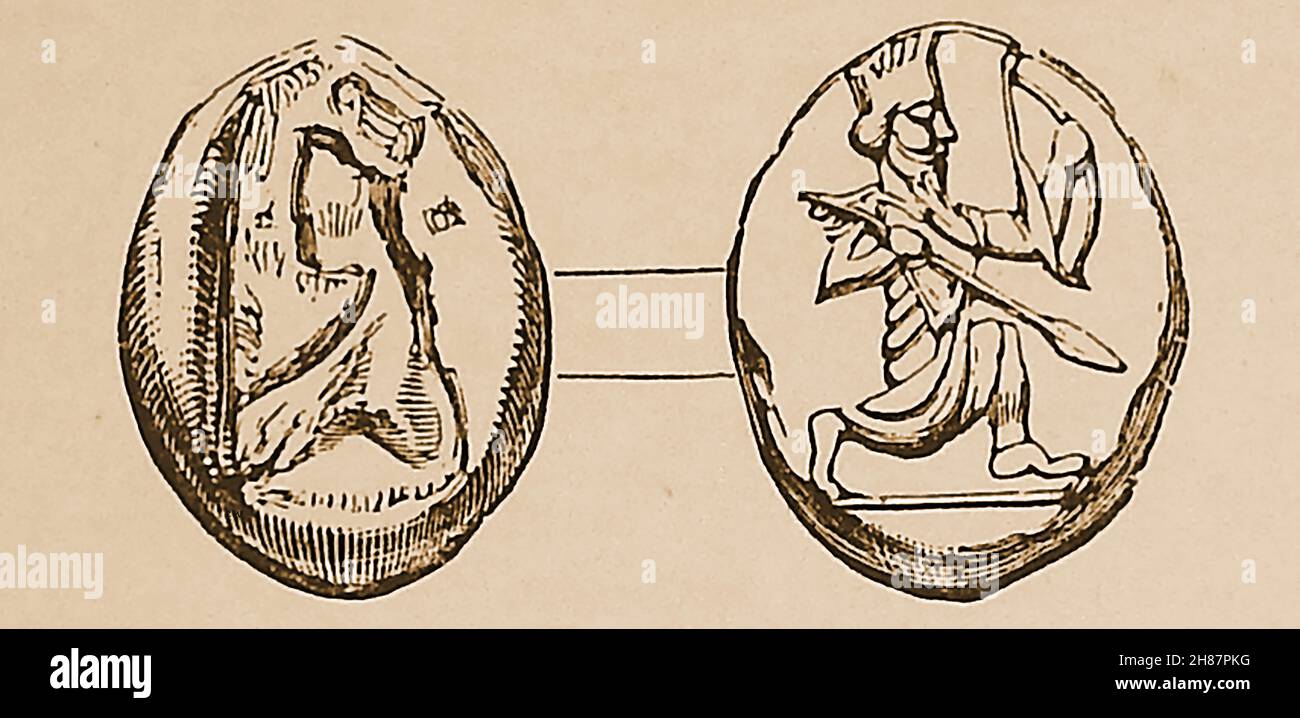 Une illustration de la fin des années 1800 montrant les deux côtés d'une ancienne pièce d'or perse de Darius connue sous le nom de Daric .Il pesait environ 129 grains qui montraient un archer (dans ce cas type III représentant le roi tournant tenant une lance) au dos.Avec la pièce siglos, elle représentait la norme monétaire bimétallique de l'Empire perse achaemenide, le nom a été appliqué plus tard à toute pièce portant l'image d'un archer.Il date du milieu du 4ème siècle avant J.-C. Banque D'Images