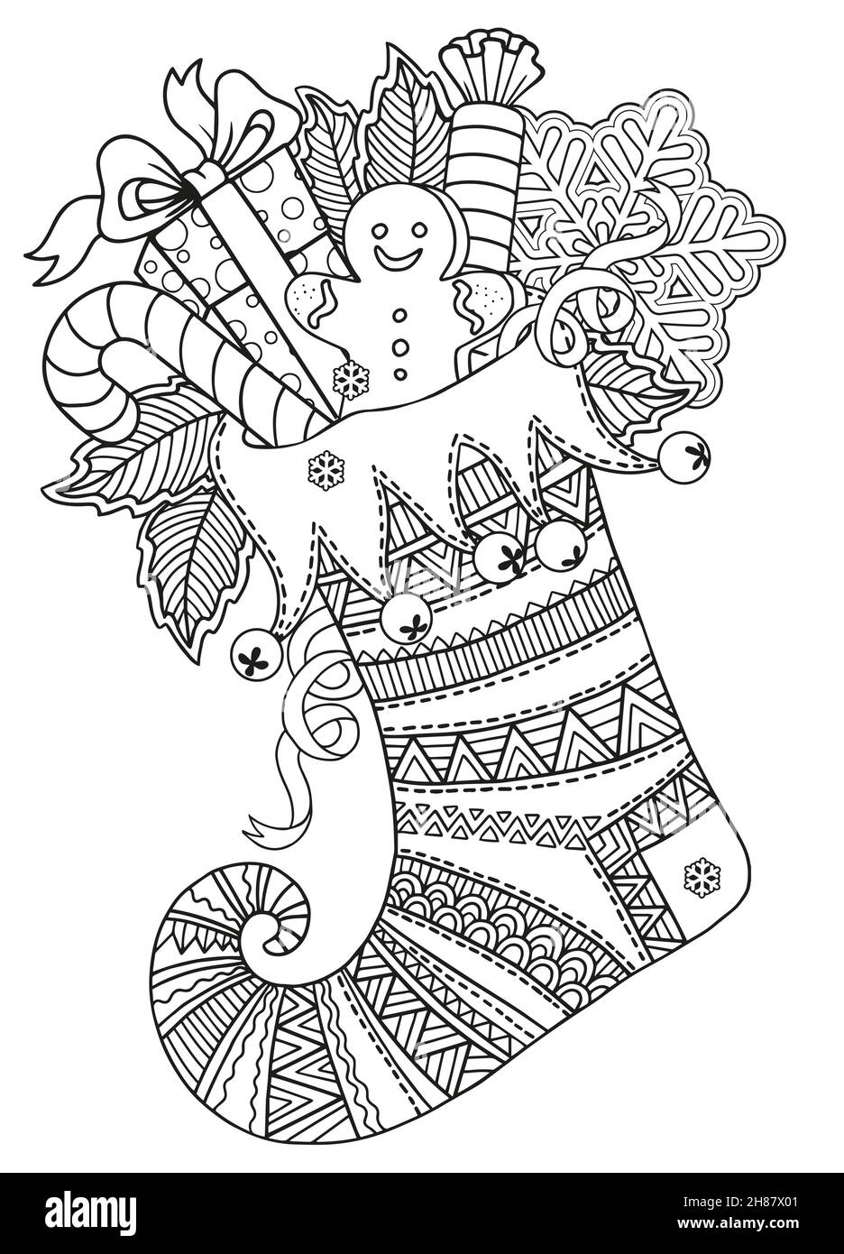 Chaussette de Noël en maille mignonne pour les cadeaux du Père Noël.Page de  coloriage de mandala vectoriel pour adultes, page pour livre de coloriage  et motif de Noël Image Vectorielle Stock -