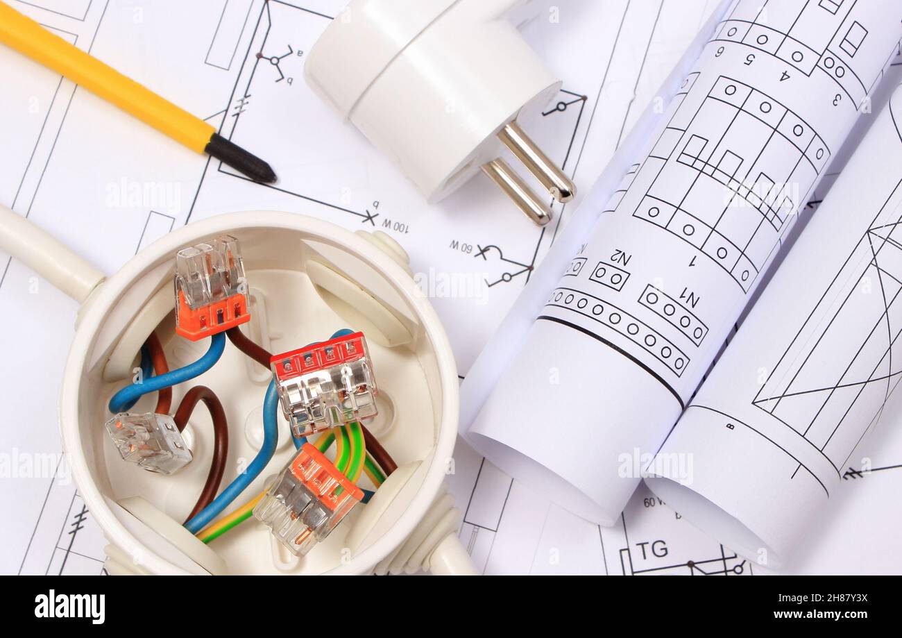 Boîtier électrique avec connexions de fils électriques et prise avec dessin de construction de