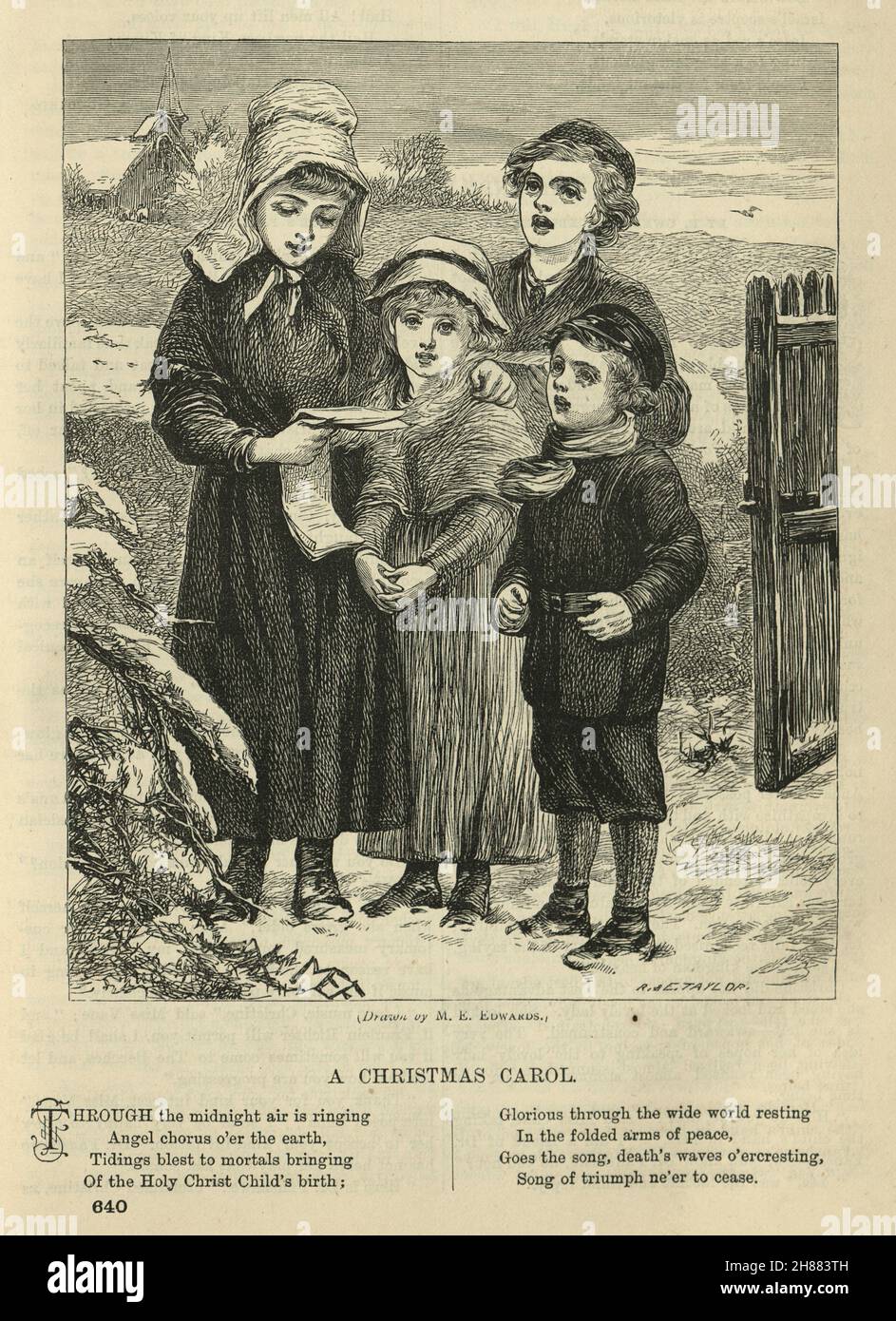 Illustration vintage des enfants chantant Noël carol, victorienne, 1870, 19e siècle Banque D'Images