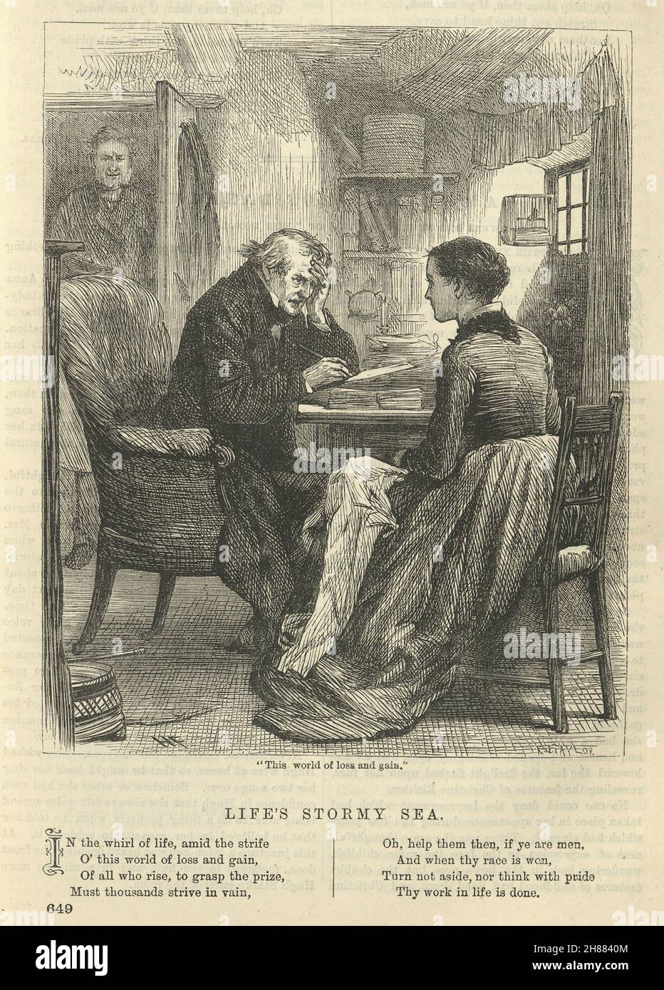 Poème victorien, années 1870, la mer orageux de la vie, vieil homme essayant de s'équilibrer avec les livres, anglais 19e siècle Banque D'Images