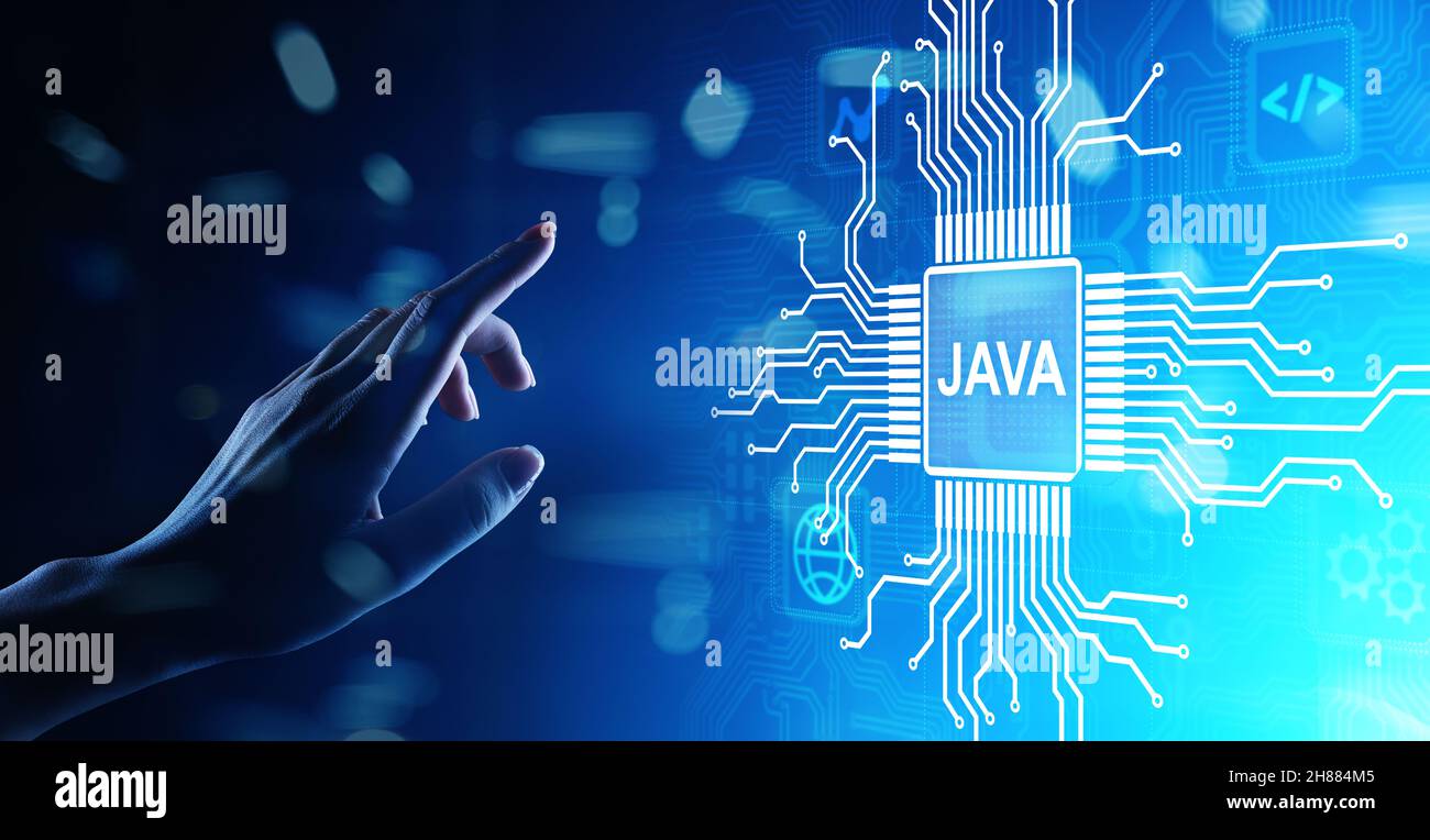 Concept d'application de langage de programmation Java et de développement Web sur écran virtuel. Banque D'Images