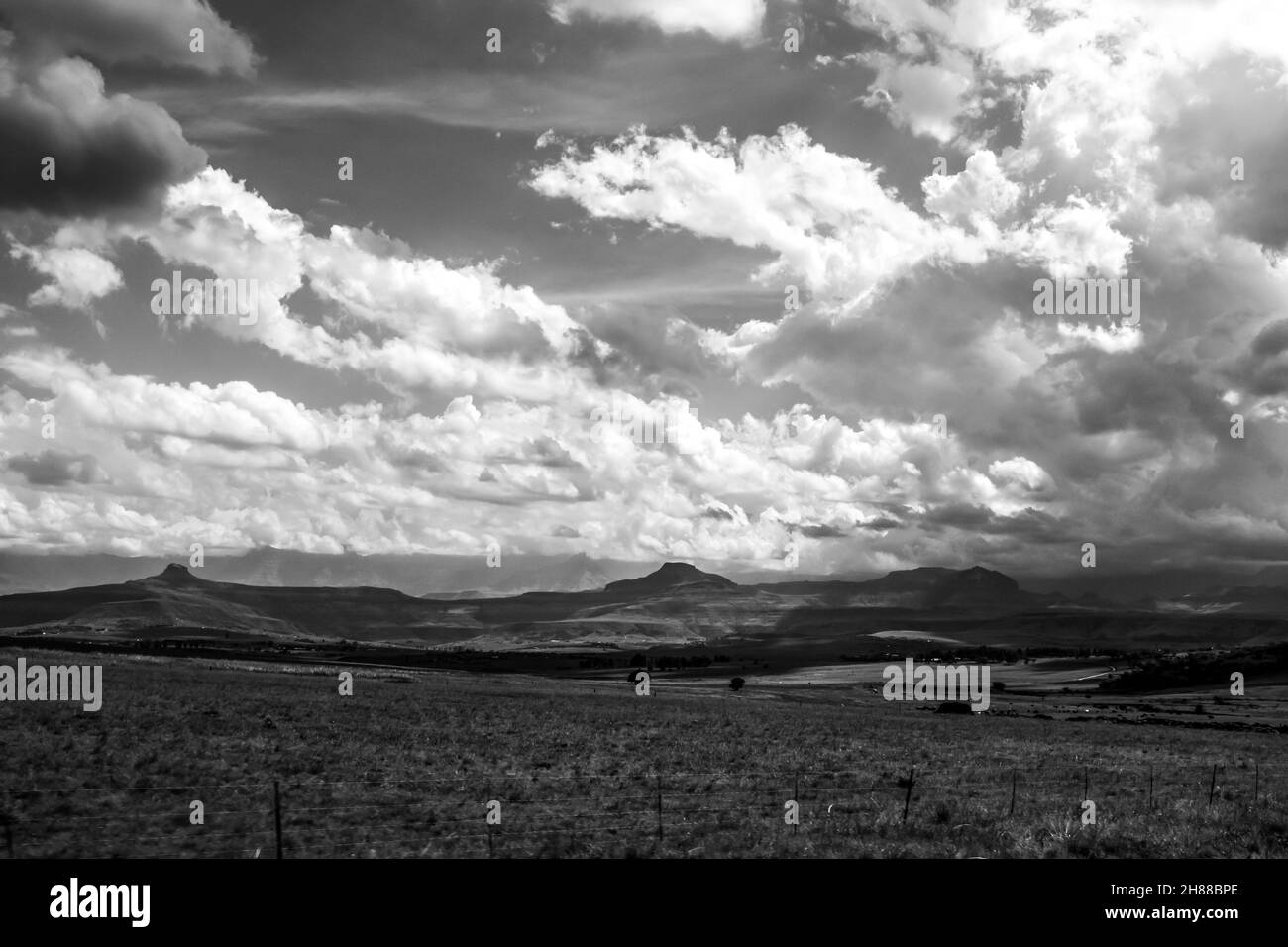 Les nuages se rassemblent au-dessus d'une prairie, avec les sommets des montagnes du Drakensberg qui s'élèvent à l'arrière-plan.Ces falaises et sommets emblématiques du Drakensb Banque D'Images