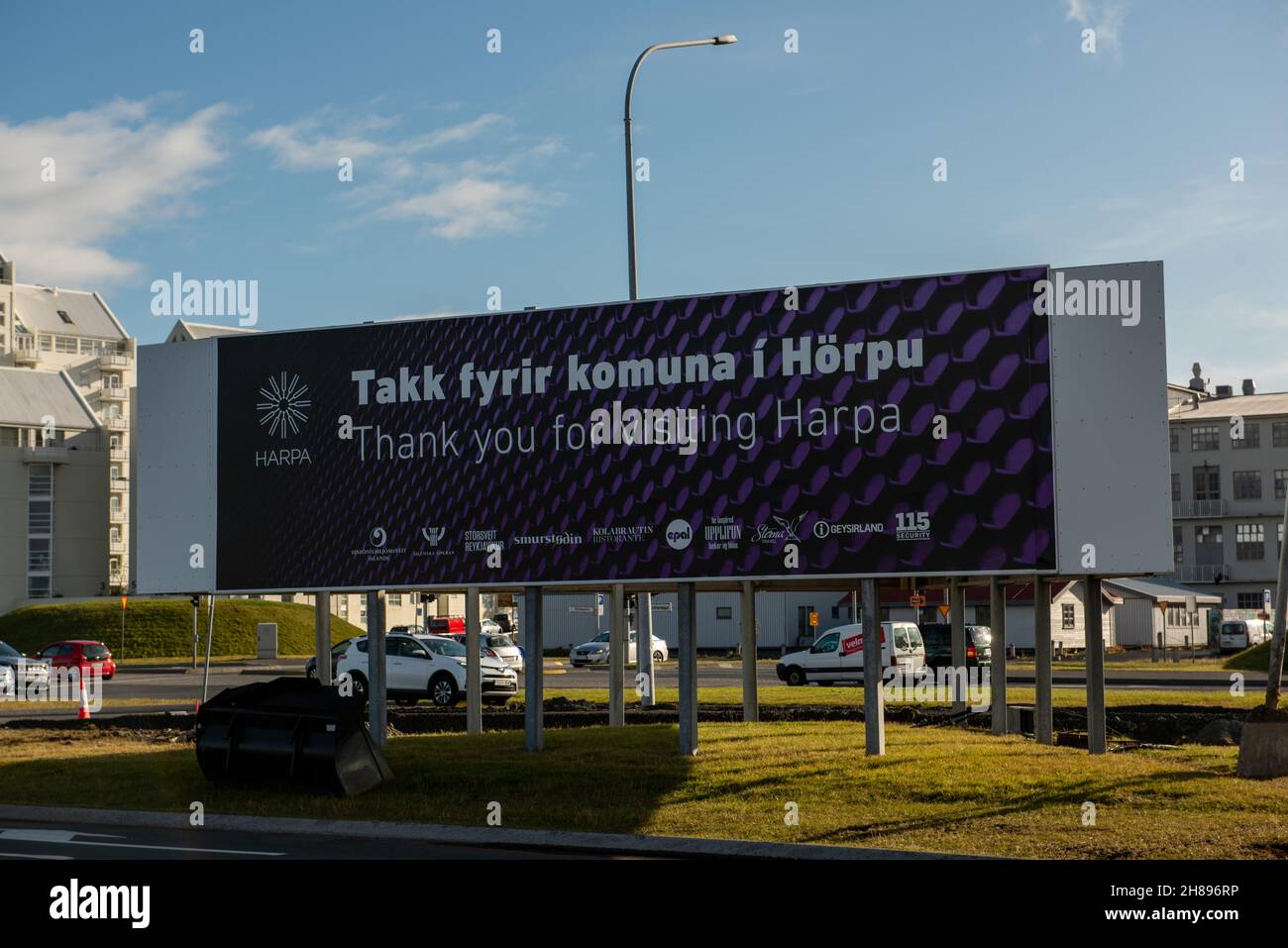 Panneau de remerciement touristique, Harpa concert Hall, islande Banque D'Images