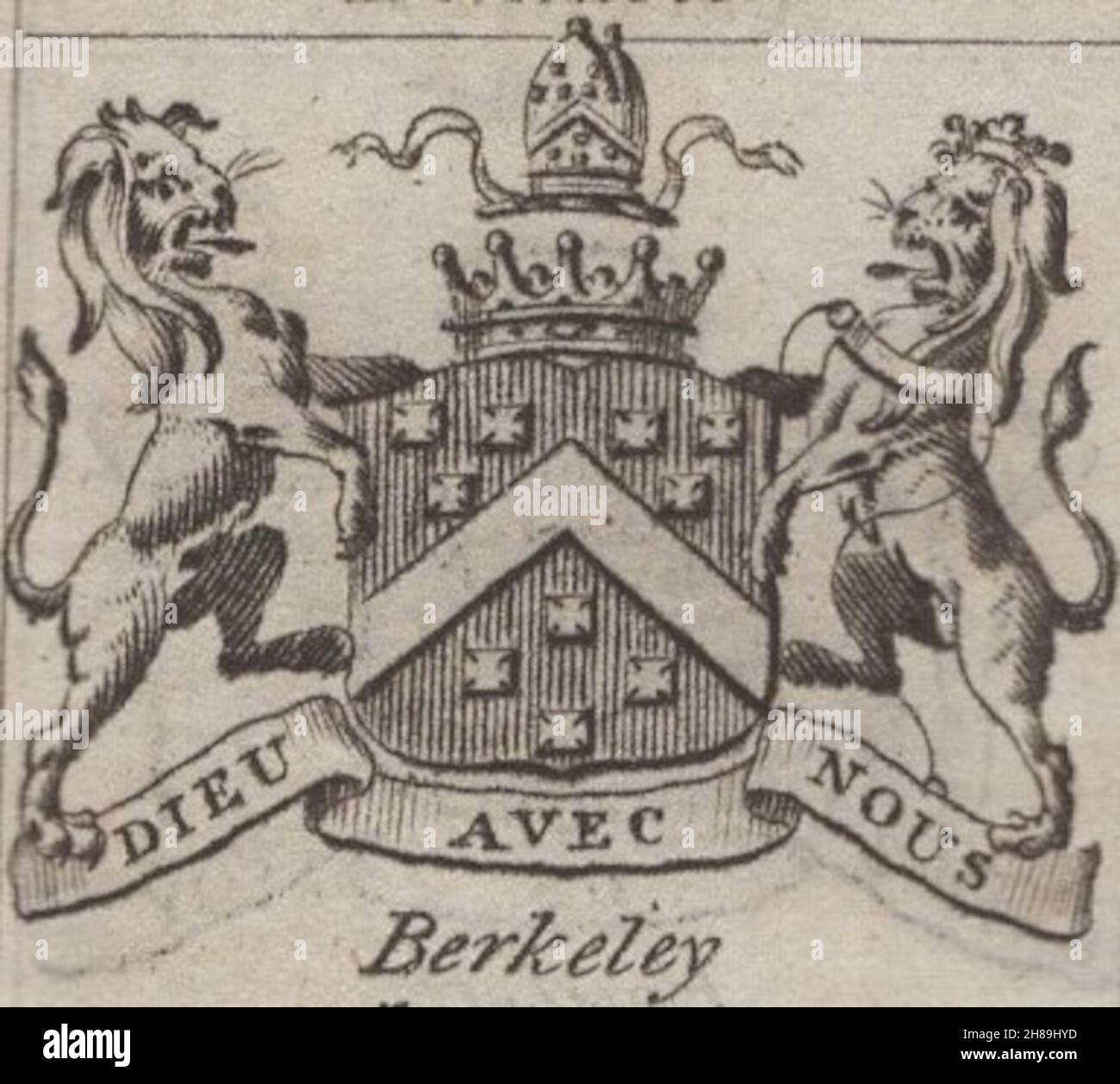 Antique 18th Century gravure heraldy armoiries, English Earls , devise / slogan: Dieu avec nous.Berkeley. Par Woodman & Mutlow fc russel co vers 1780s Source: Gravures originales du livre annuel almanach. Banque D'Images
