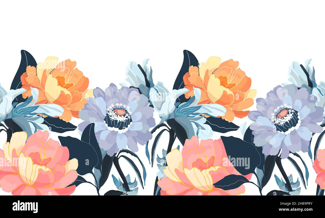 Motif fleuri vectoriel sans couture, bordure.Design horizontal panoramique avec fleurs de couleur orange, bleue et corail isolées sur fond blanc. Illustration de Vecteur