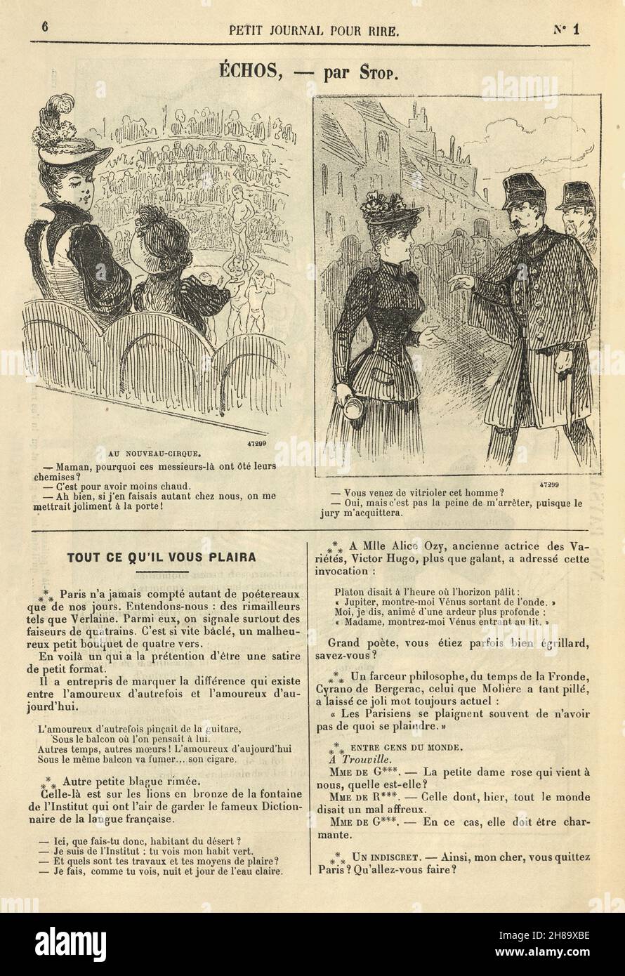 Page du petit Journal français pour la bande dessinée, petit Journal pour Rire, 1897.Spectacle de cirque, femme en colère, policier Banque D'Images