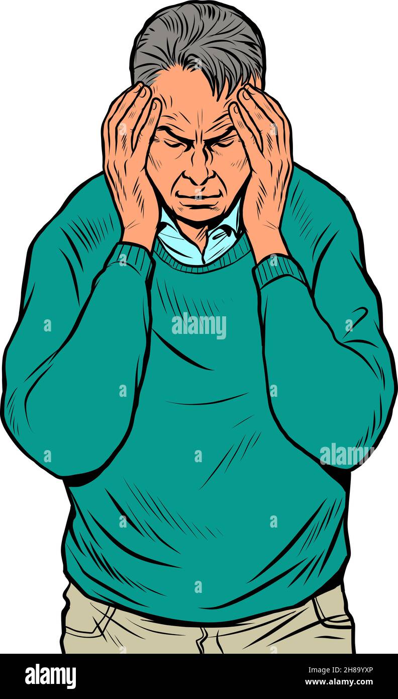 un homme âgé mal de tête, symptôme médical migraine cancer hypertension méningite avc ou autres maladies Illustration de Vecteur