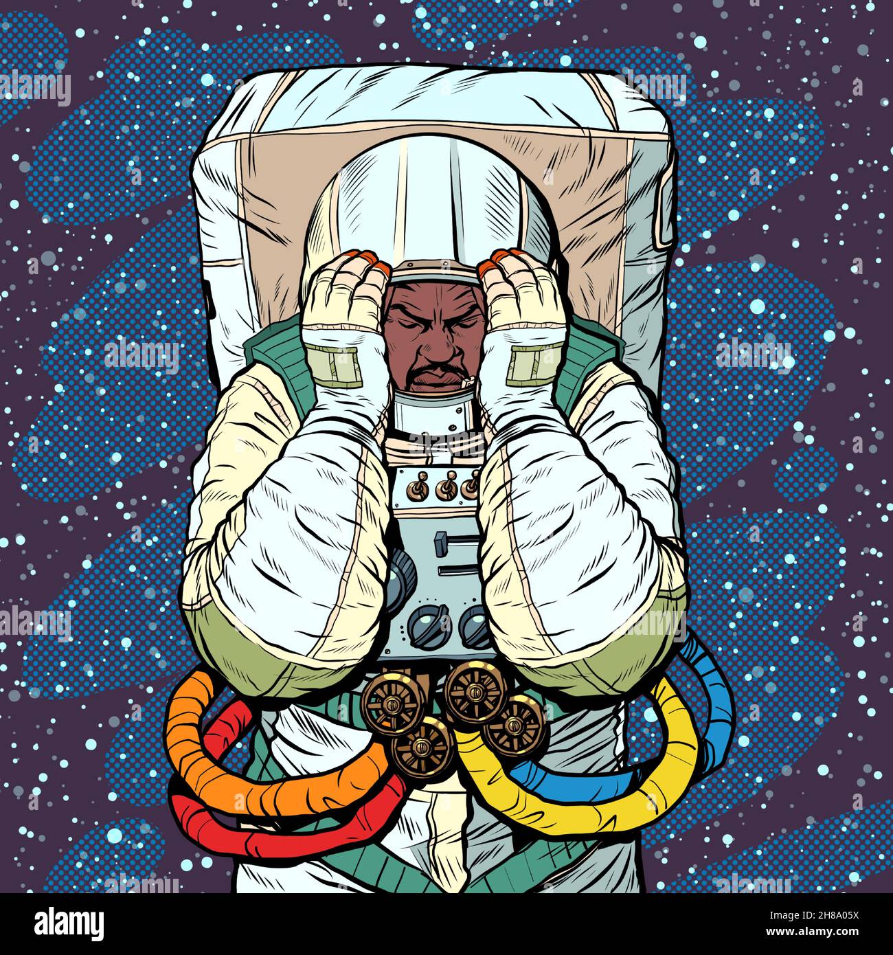 Un astronaute africain a un mal de tête.Migraine stress maladies cérébrales, médecine et santé Illustration de Vecteur