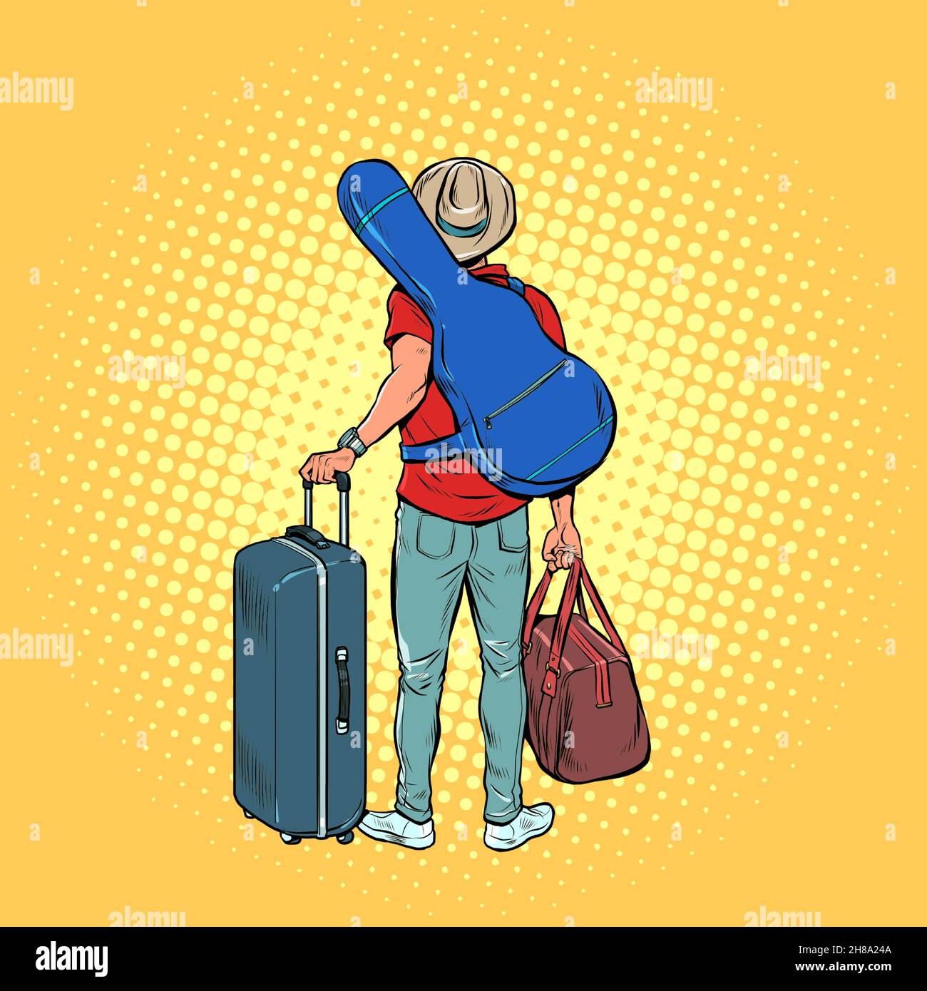 un jeune homme avec une guitare est un voyageur voyageant en tournée, bagages à l'aéroport.Voyage créatif Illustration de Vecteur