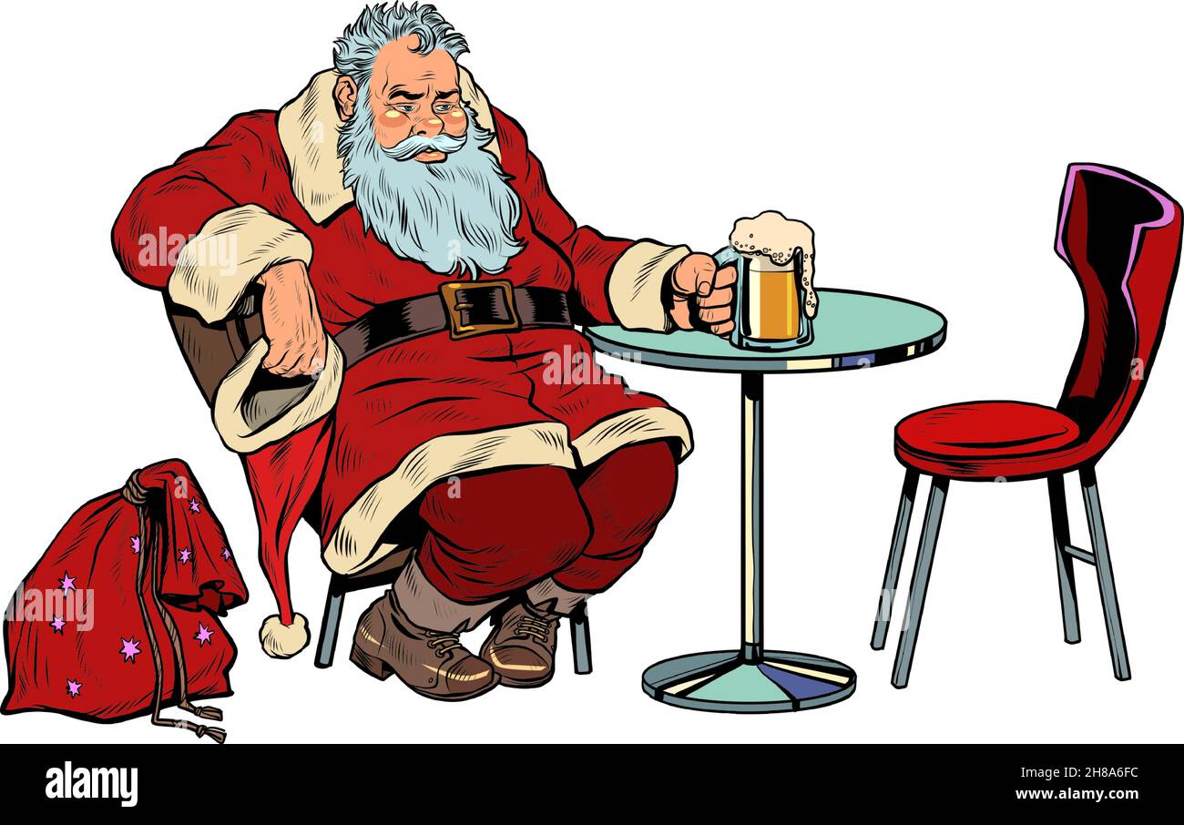 Le Père Noël boit de la bière au bar, les vacances de Noël après le travail Illustration de Vecteur