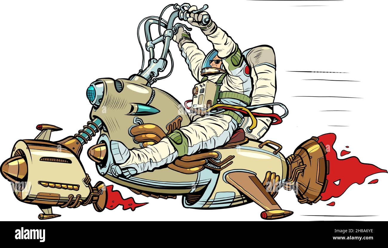 Vélo d'espace. Un astronaute vole à bord d'un avion analogue d'une moto. Science-fiction Illustration de Vecteur
