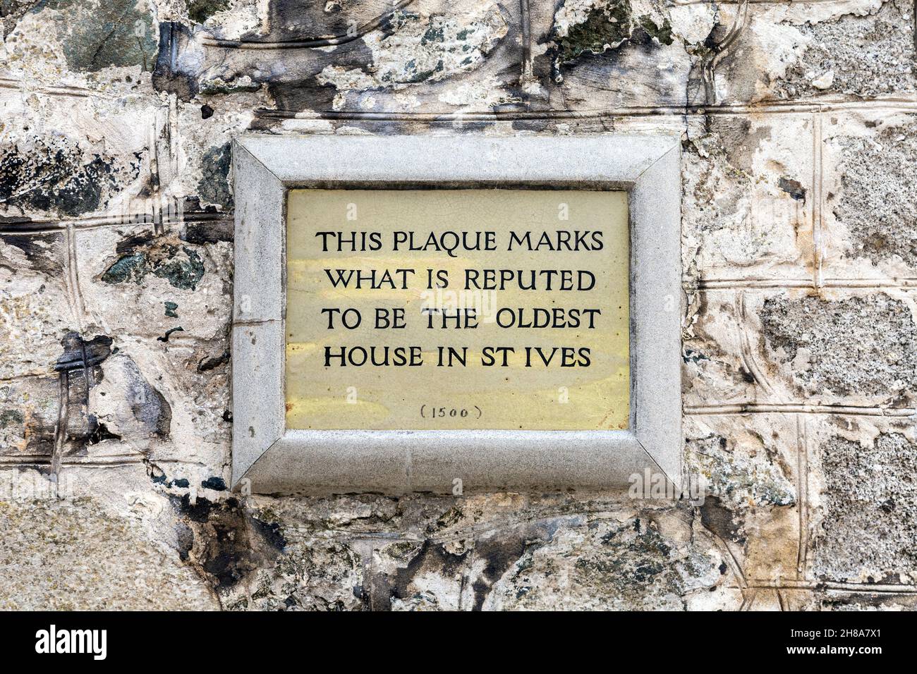 Plaque marquant la plus ancienne maison de St Ives, Penwith, Cornwall, Royaume-Uni Banque D'Images