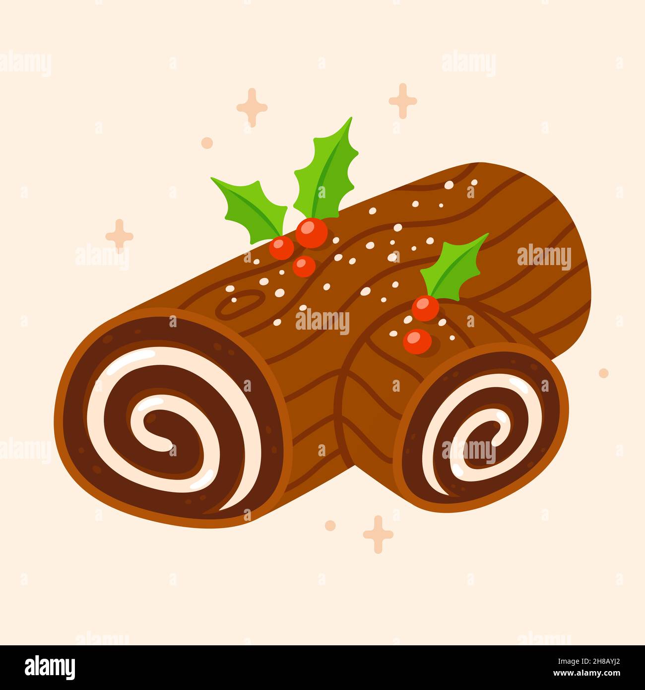 Yule log ou Buche de Noel, gâteau de Noël traditionnel.Dessin animé, illustration de clip art vectoriel. Illustration de Vecteur
