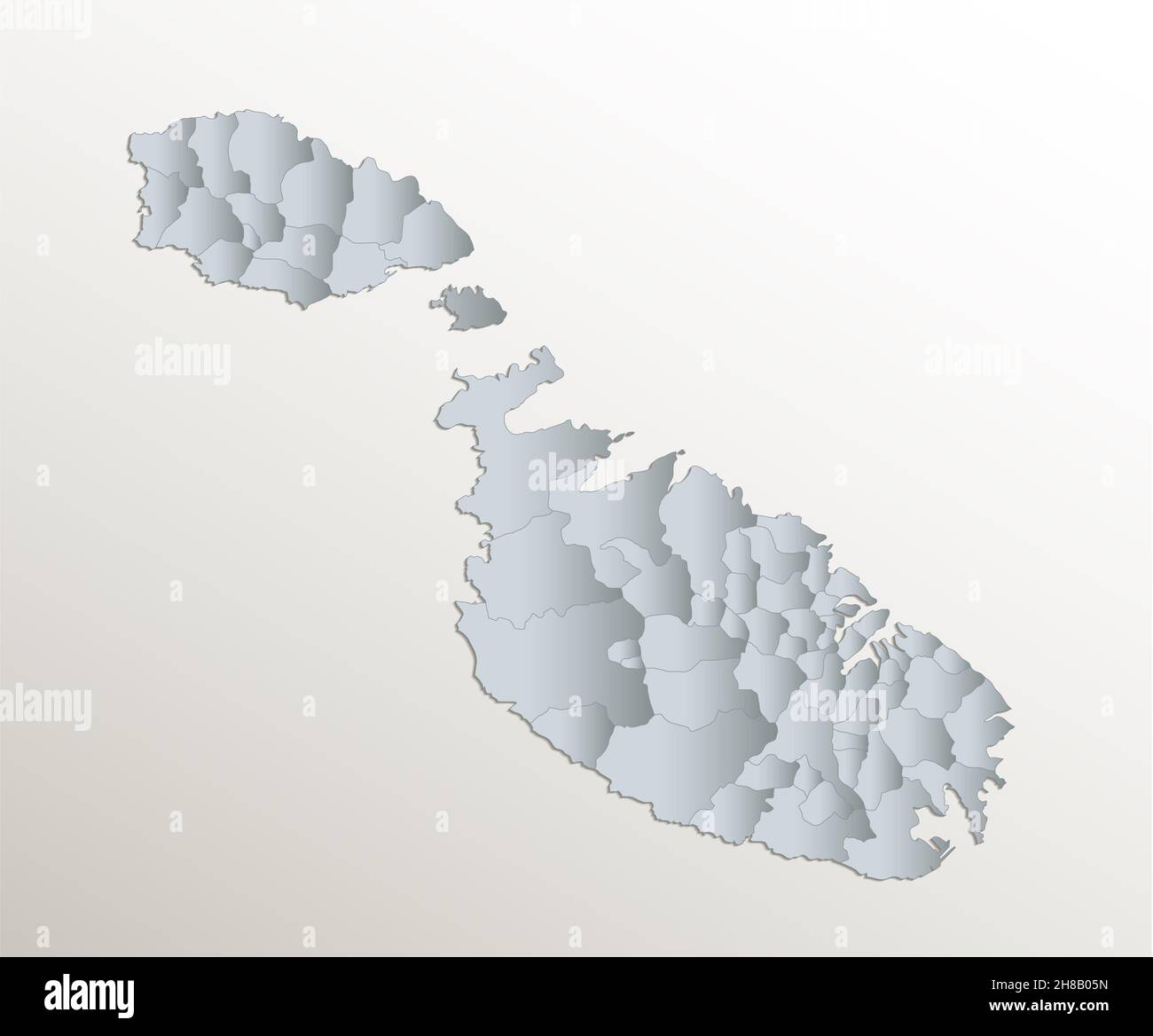 Carte de Malte, division administrative, blanc bleu carte papier 3D vierge Banque D'Images