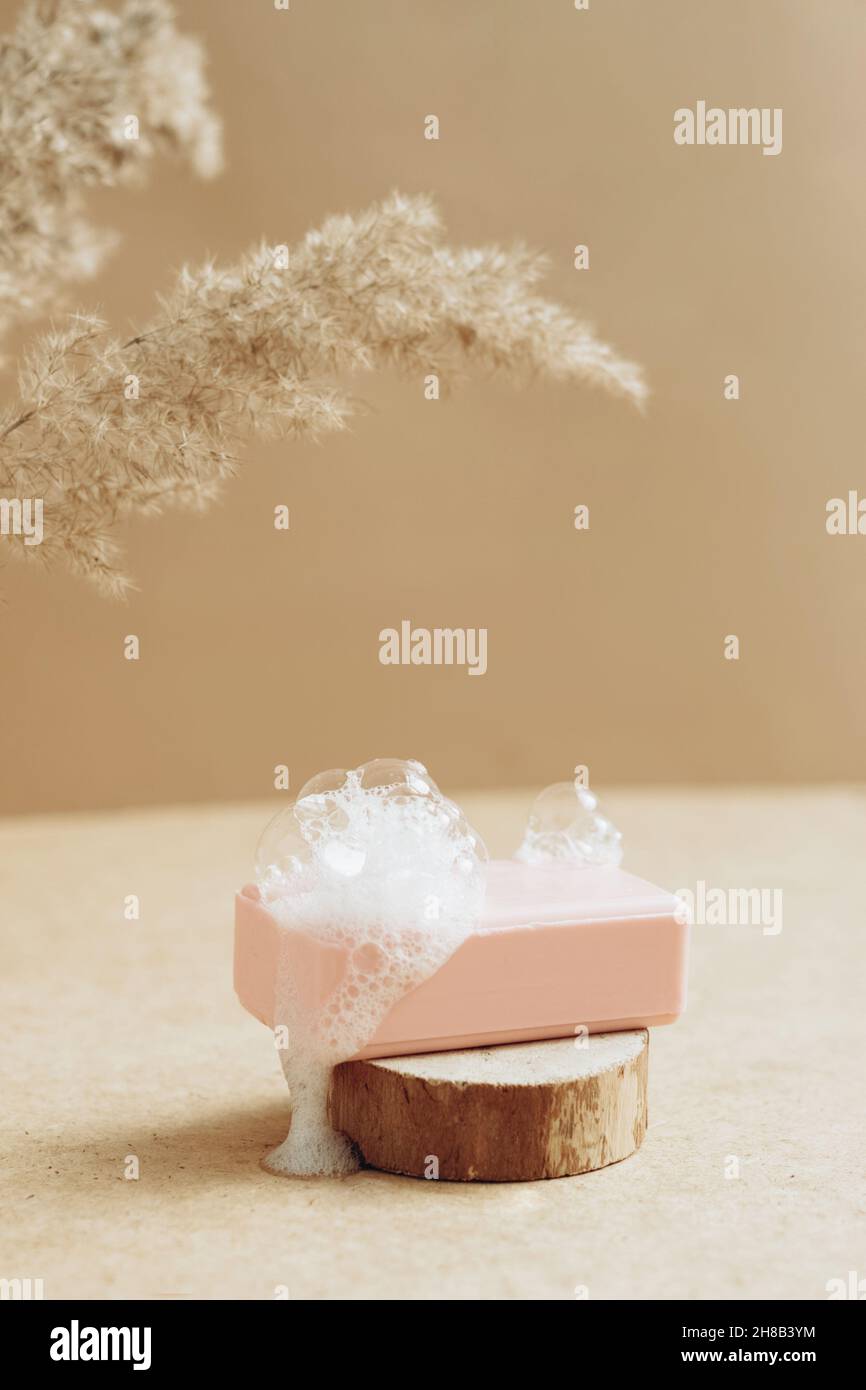 Un morceau de savon naturel bio fait main avec de grandes bulles de mousse sur un podium moderne abstrait. Banque D'Images
