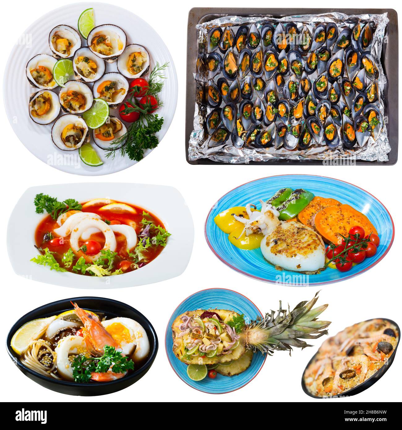 Ensemble de plats de fruits de mer variés Banque D'Images