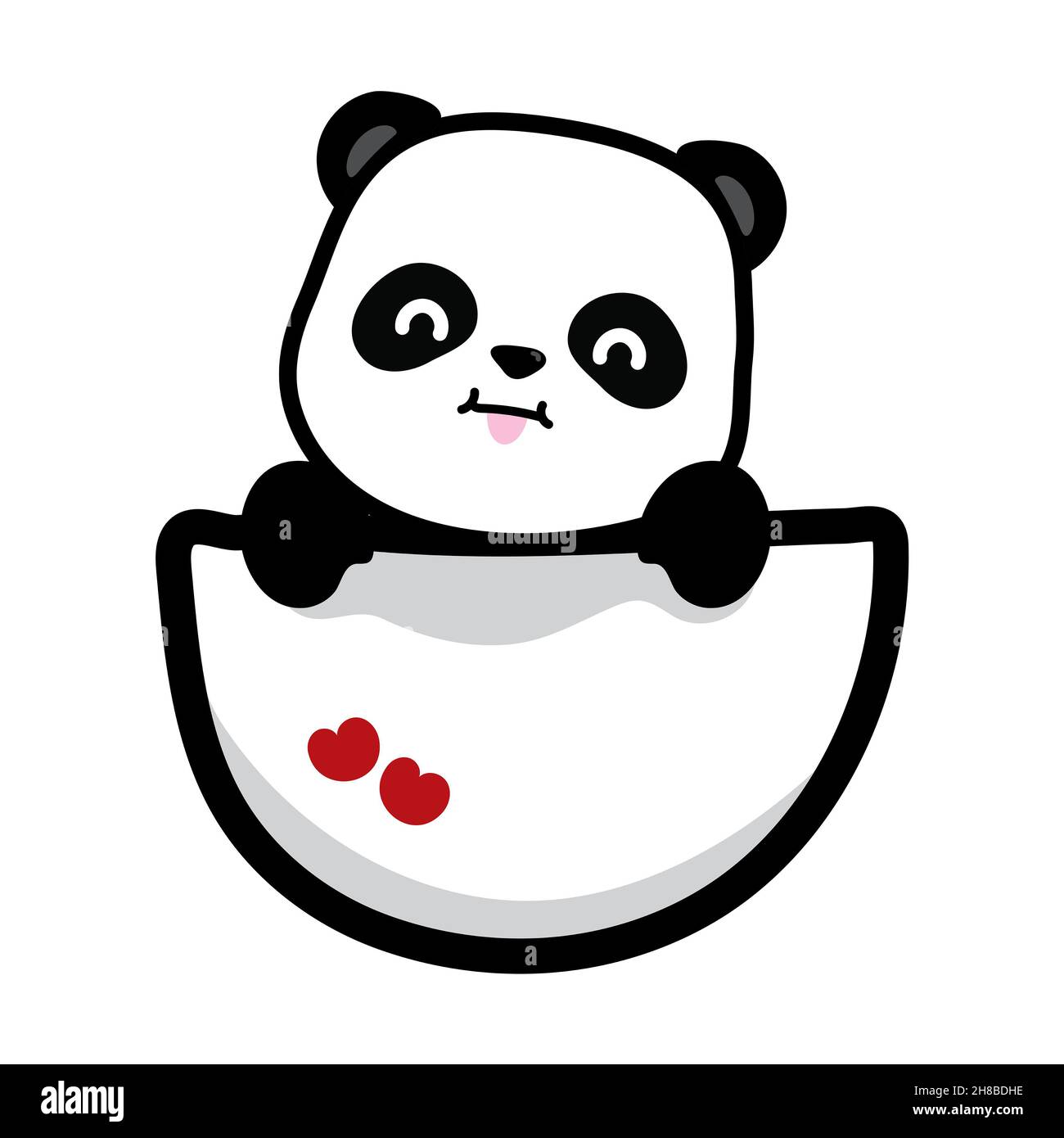 Le joli personnage de Panda reste dans la poche, visage souriant, dessin animé de bébé Panda sur fond blanc, petits coeurs rouges sur le paon Banque D'Images