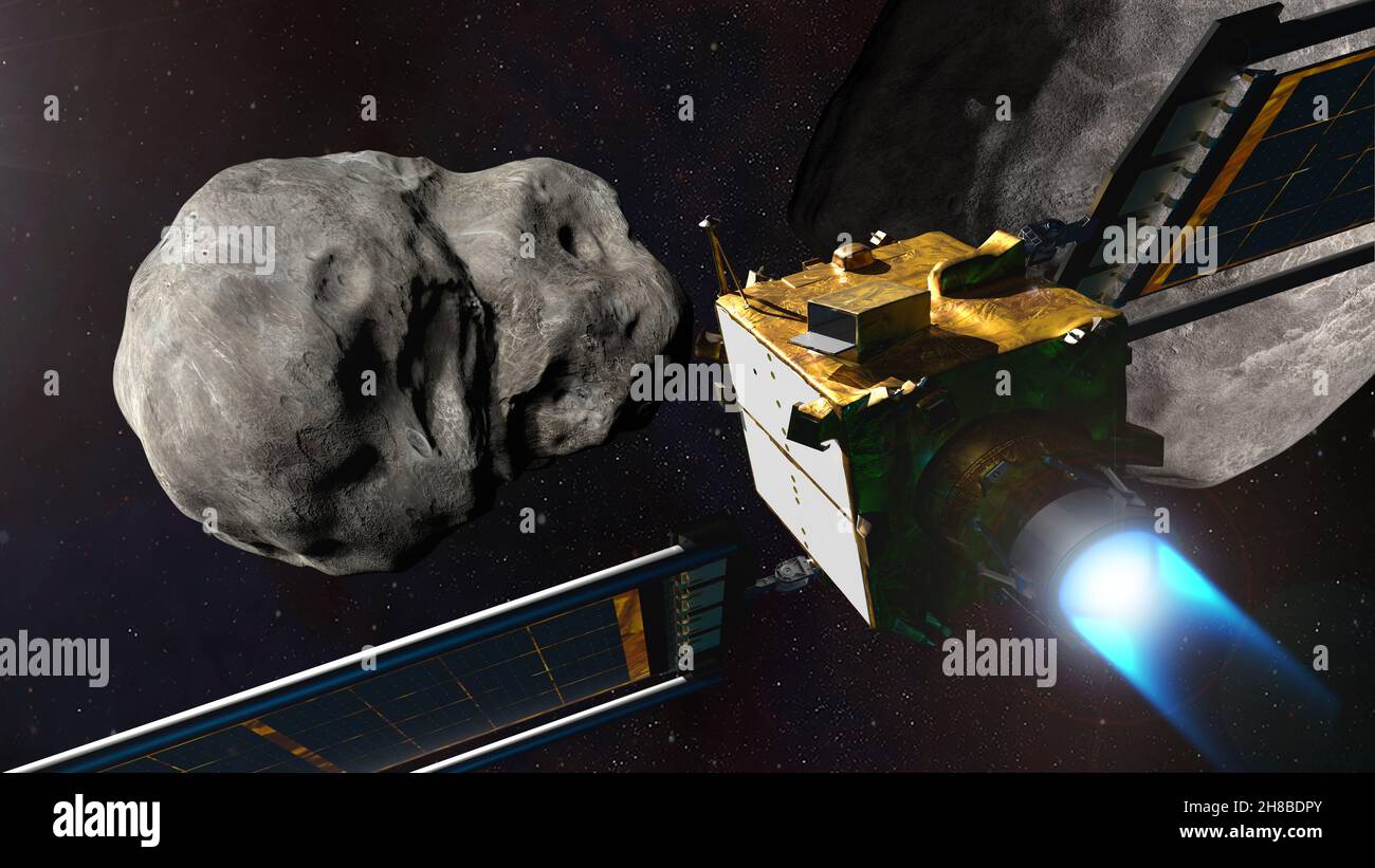 Cette illustration du test de redirection des astéroïdes doubles (DART), de l'arrière, montre l'engin spatial avec son tir de moteur ionique à l'approche de Dimorphos avant l'impact.La DART est le premier test de défense planétaire à grande échelle au monde, démontrant une méthode de la technologie de déflexion des astéroïdes.Développé et dirigé pour la NASA par le Johns Hopkins Applied Physics Laboratory (APL) à Laurel, Maryland, DART démontrera la technique de défense planétaire connue sous le nom d'impact cinétique.Le vaisseau spatial DART se lance dans un astéroïde et se déplace sur son orbite, en prenant une mesure critique pour démontrer les moyens de protéger notre Banque D'Images