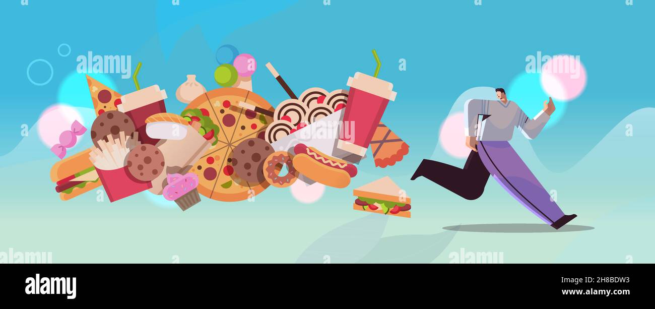 homme courant loin de la malbouffe assortiment de nourriture rapide insalubres nutrition junkfood addiction concept horizontal Illustration de Vecteur